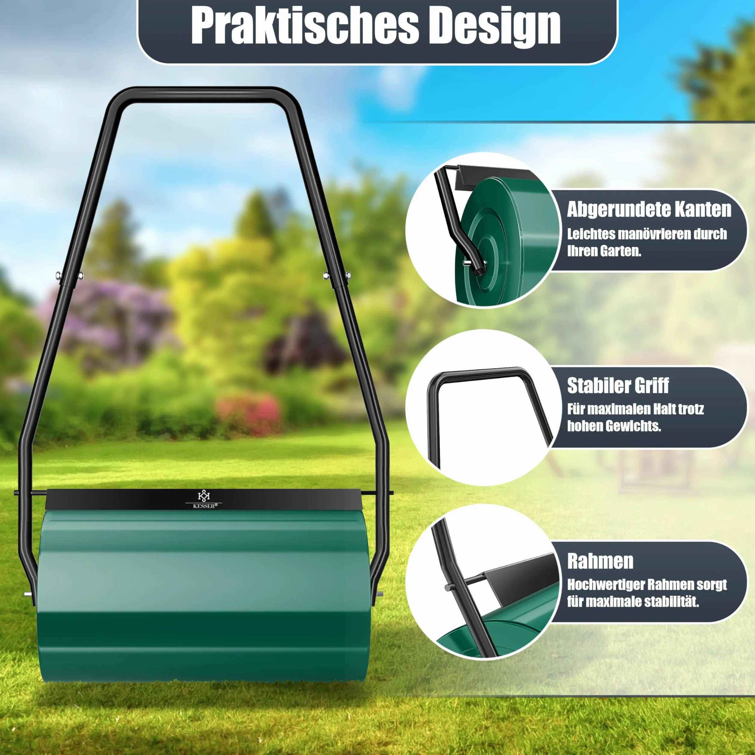 KESSER® - Rullo per Prato 60cm 48l Volume di riempimento in Metallo con deflettore dello Sporco Rullo Manuale Rullo per Giardino Rullo per Campo Rullo riempibile con Acqua/Sabbia 60 kg, Verde