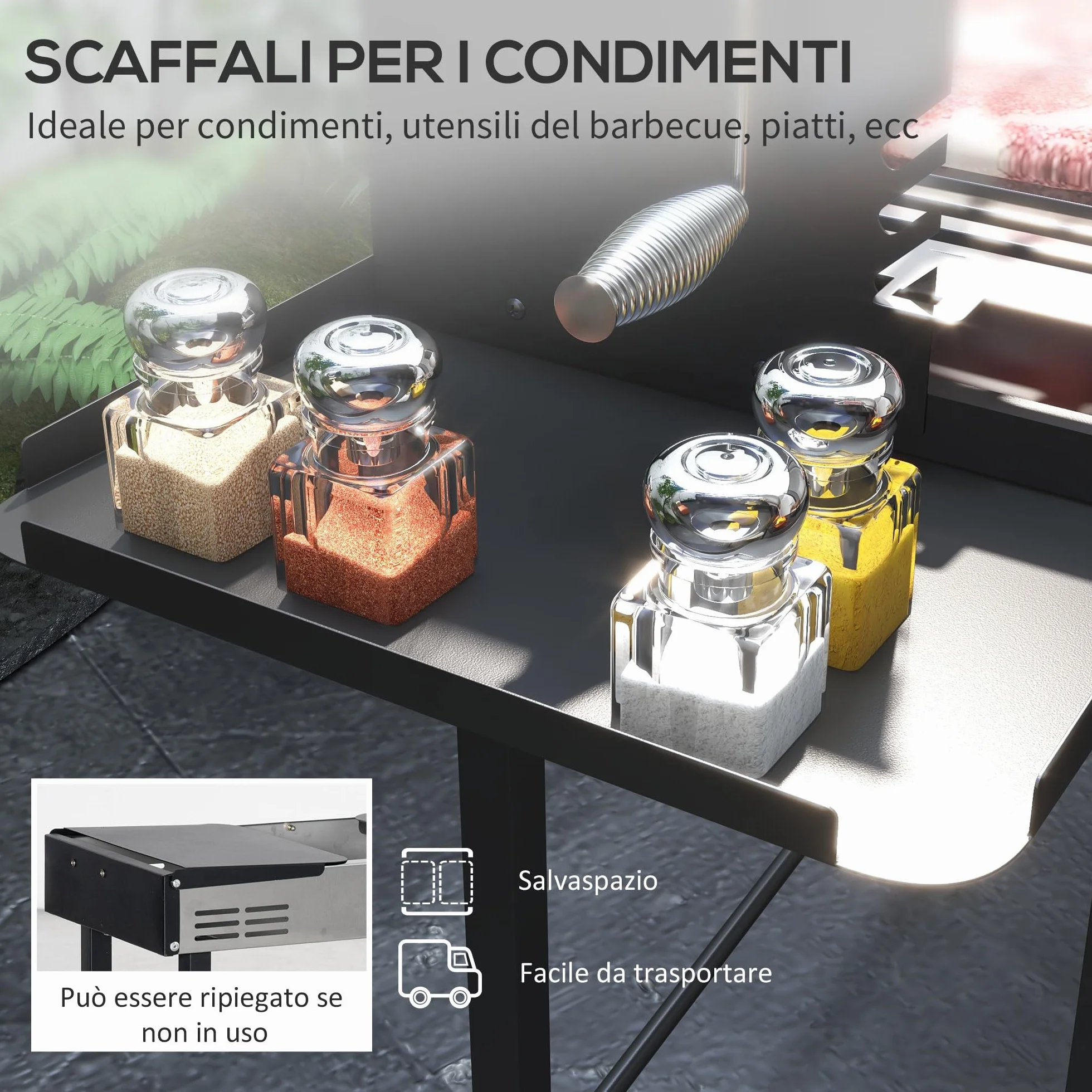 Outsunny Barbecue a Carbone 3 Livelli in Acciaio Inox con Mensole Pieghevoli e Girarrosto, 118x32x90 cm, Nero