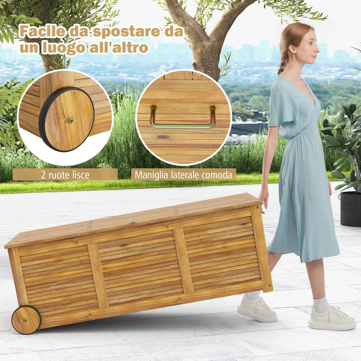 RELAX4LIFE Panca Baule182 L in Legno di Acacia con Ruote e Maniglie, Contenitore Portatutto da Interno Esterno, Cassapanca Contenitore da Interno,127x20x45cm