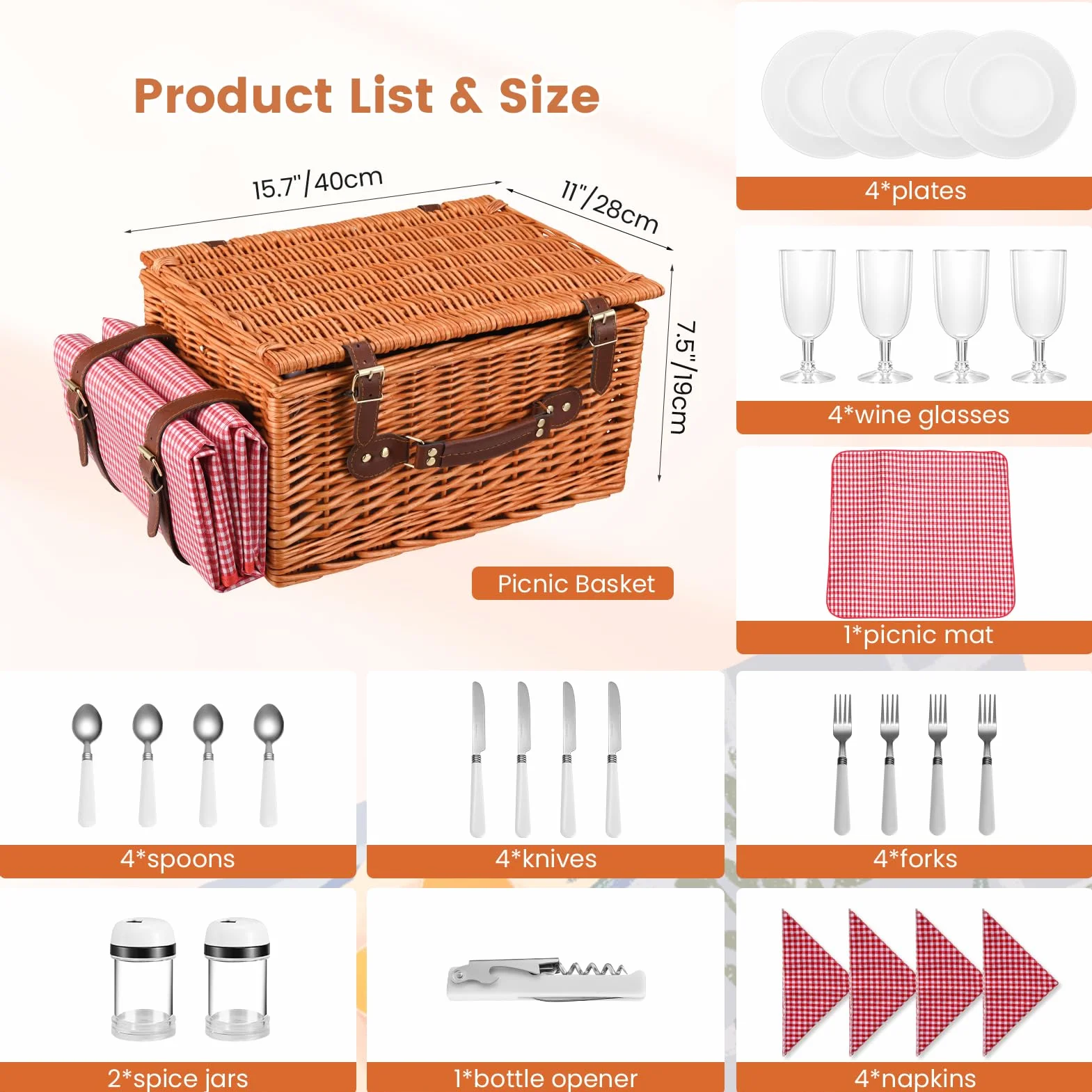 Cestino da Picnic in Vimini per 4 Persone, Termico, Impermeabile, Rosso