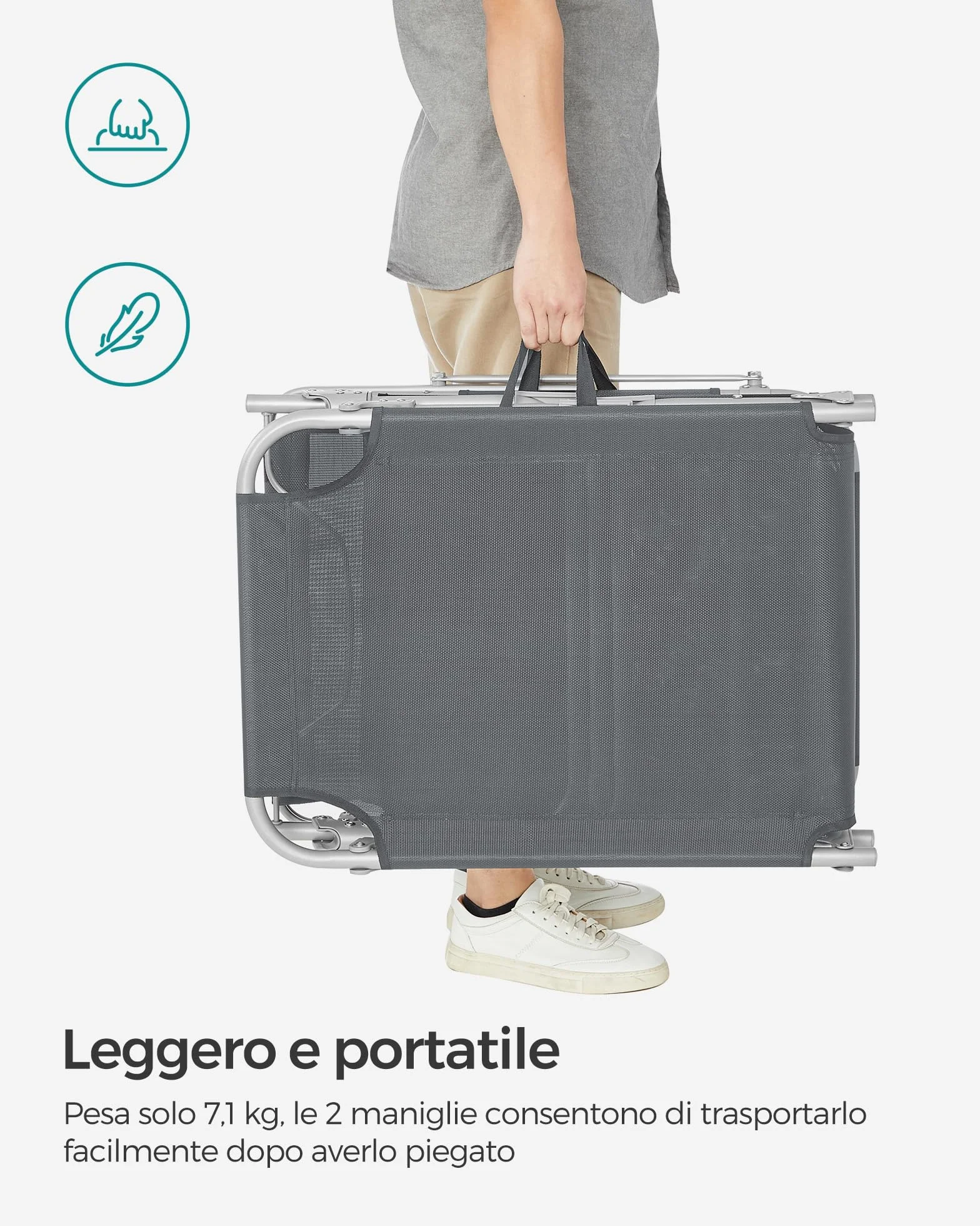 SONGMICS Lettino Prendisole Pieghevole 193x53x29 cm Max Portata 150 kg Poggiatesta Parasole Schienale Reclinabile Grigio Scuro