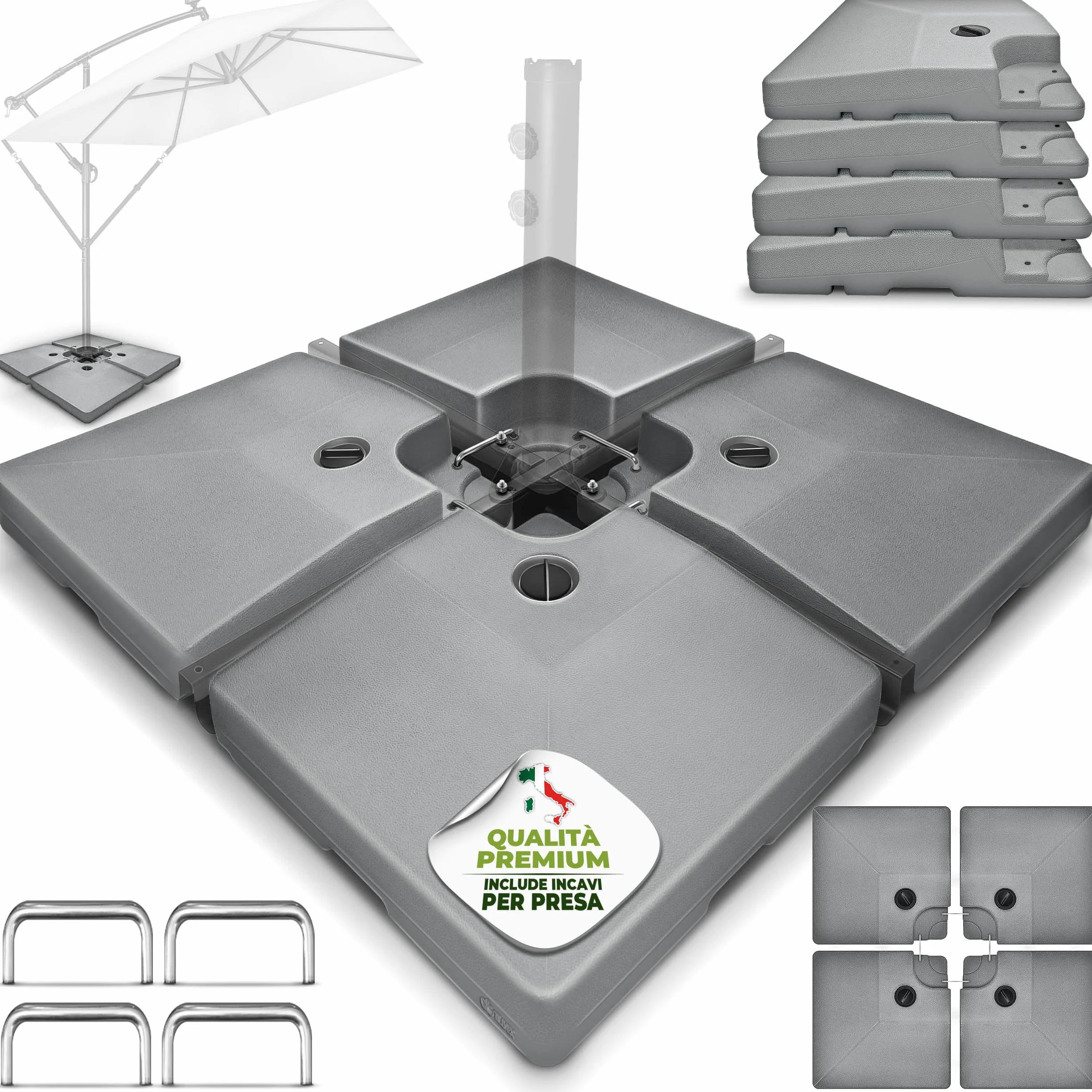 tillvex® Base per Ombrellone 90 Litri / 120 kg – 4 Pezzi per Ombrellone Decentrato con Connettore Metallico | Porta Ombrelloni Riempibile con Acqua o Sabbia | Supporto Ombrellone (Grigio)