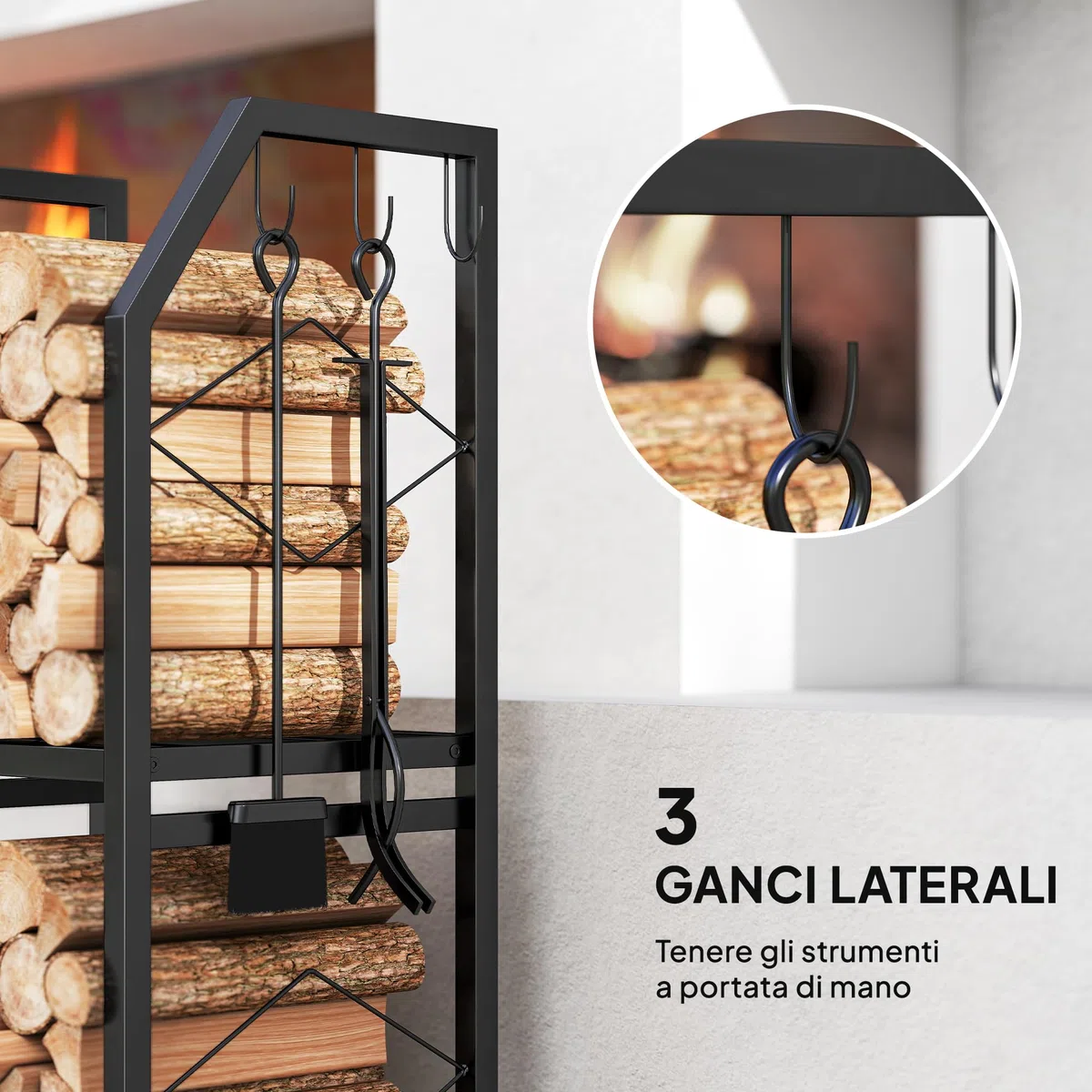 Outsunny Porta Legna in Metallo 2 Livelli 3 Ganci 100kg 41x30x81 cm Nero