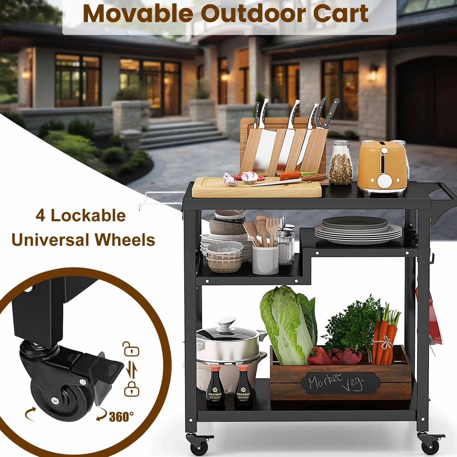 KOMFOTTEU Carrello Barbecue in Metallo, 4 Ripiani, 6 Ganci, Porta Sacchetti, Nero