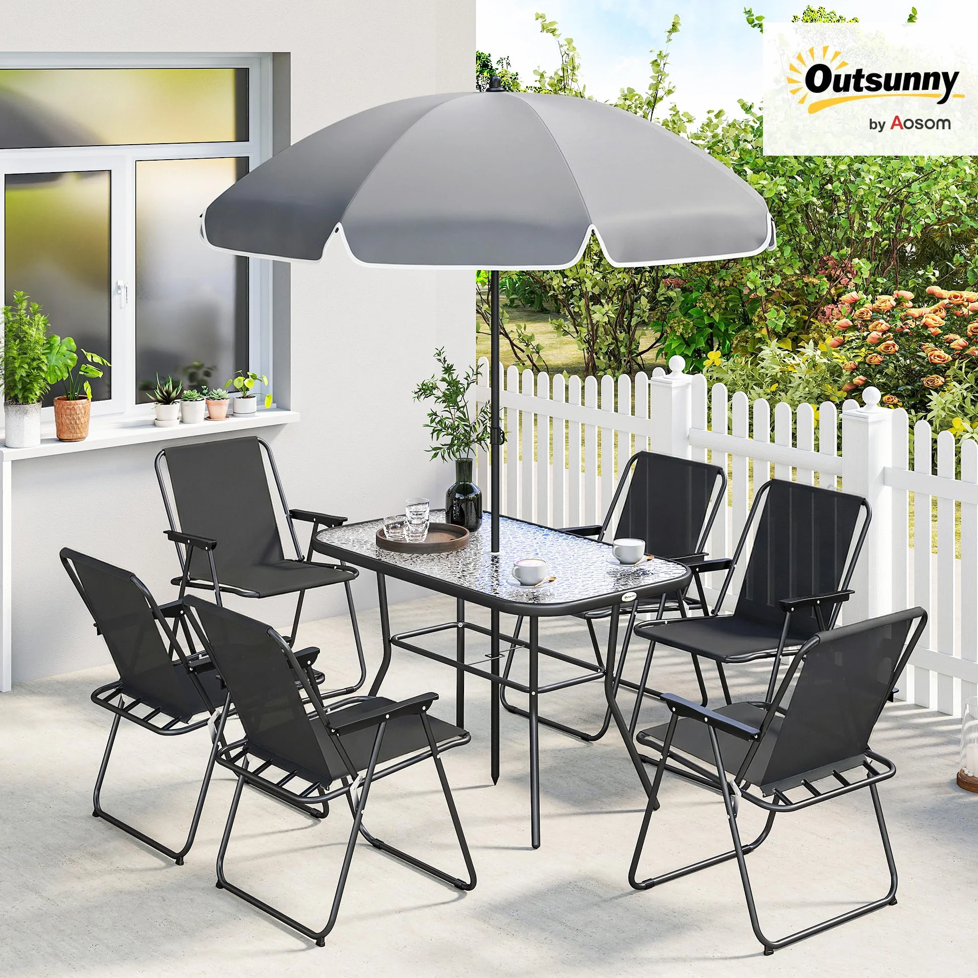 Outsunny Set Tavolo e Sedie da Giardino 8 Pezzi con Ombrellone, Acciaio, Vetro Temperato, Nero