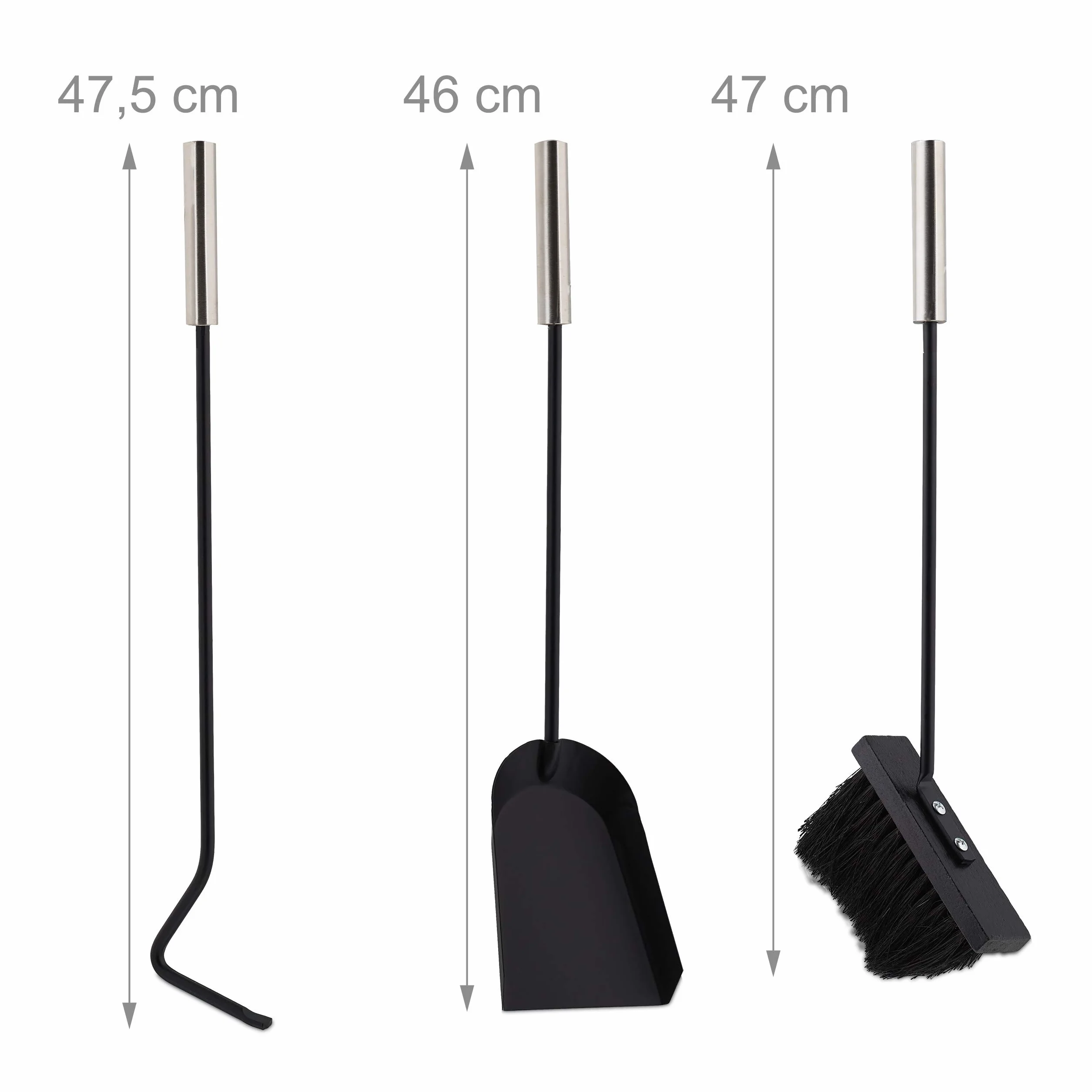 Relaxdays Accessori da Camino, Moderni, 4 Componenti, con Attizzatoio, Paletta Raccogli Cenere, Scopino e Supporto, Nero