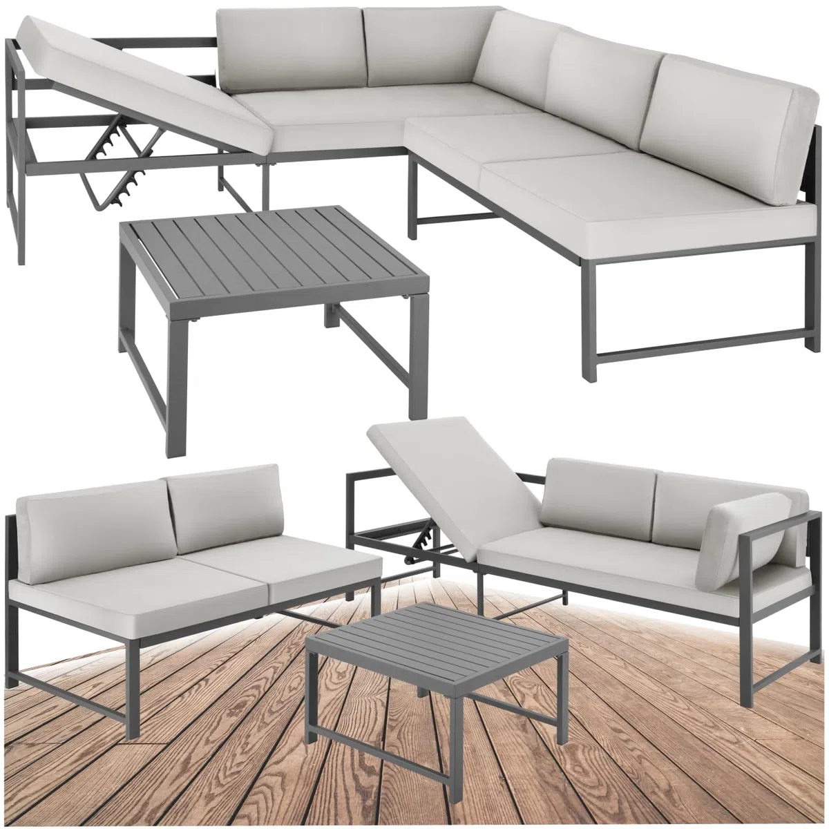 tectake® Set da Giardino, 2 Divani con Morbidi Cuscini, 1 Tavolino Salotto, Salotto da Giardino Esterno, Arredo Giardino per Esterno, Set Giardino Esterno Design Moderno - Grigio
