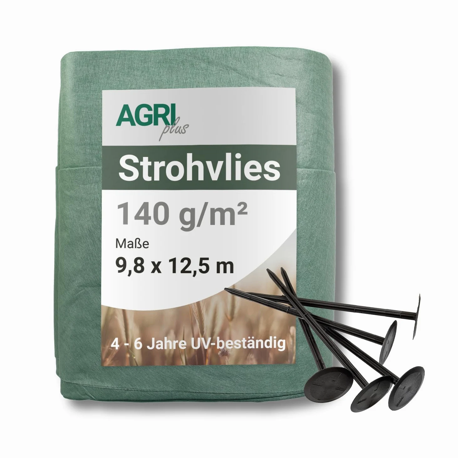 AGRI Plus Tessuto Non Tessuto di Paglia 9,8 x 12,5 m, con 12 Chiodi in plastica, 140 g/m², Tessuto di Protezione in Polipropilene, Resistente alle intemperie e ai Raggi UV
