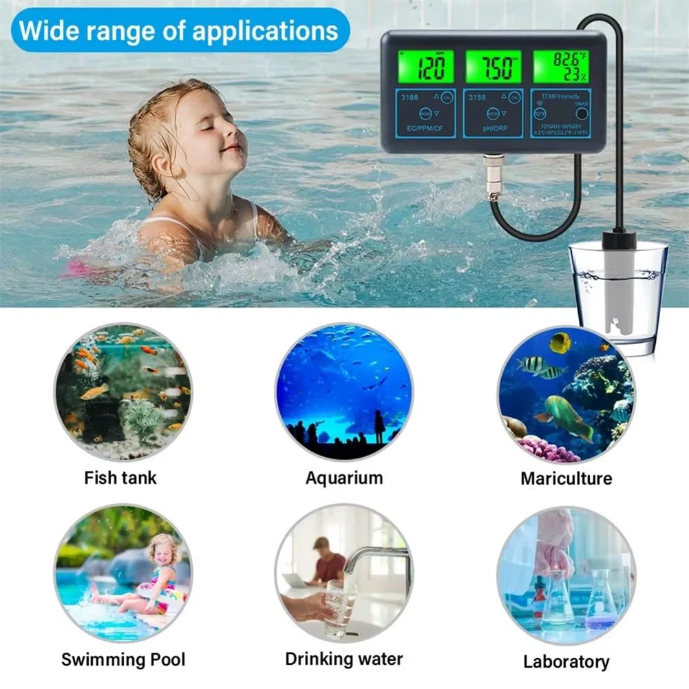 Breeshy Tuya WiFi 7 In1 Tester di Qualità 'Acqua Analizzatore di Acqua Multi-Parametro PH/ORP/EC/PPM//Umidità/Temperatura Monitor Metro Spina EU
