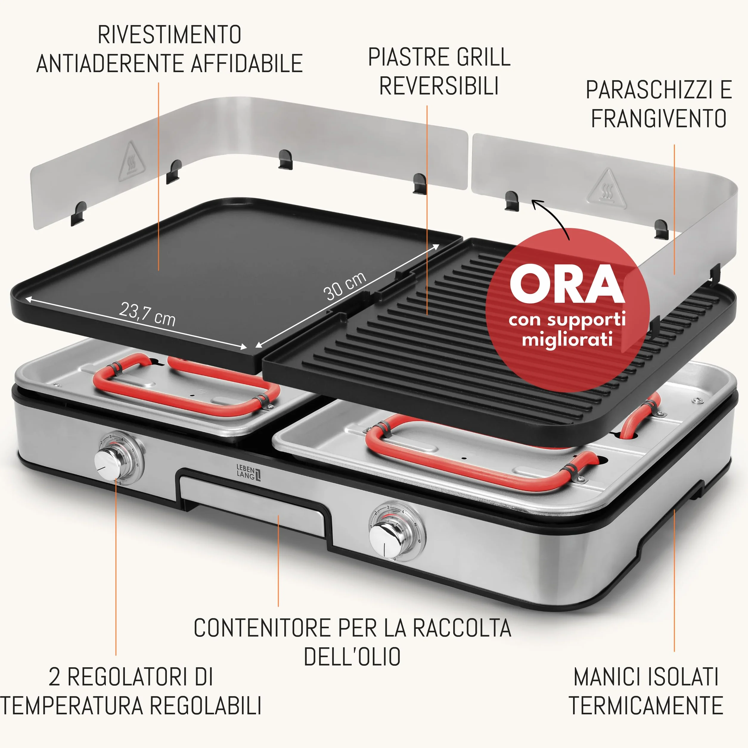 LEBENLANG Griglia Elettrica XXL 2400W - Grill Elettrico Piastra Senza Fumo BBQ Da Balcone