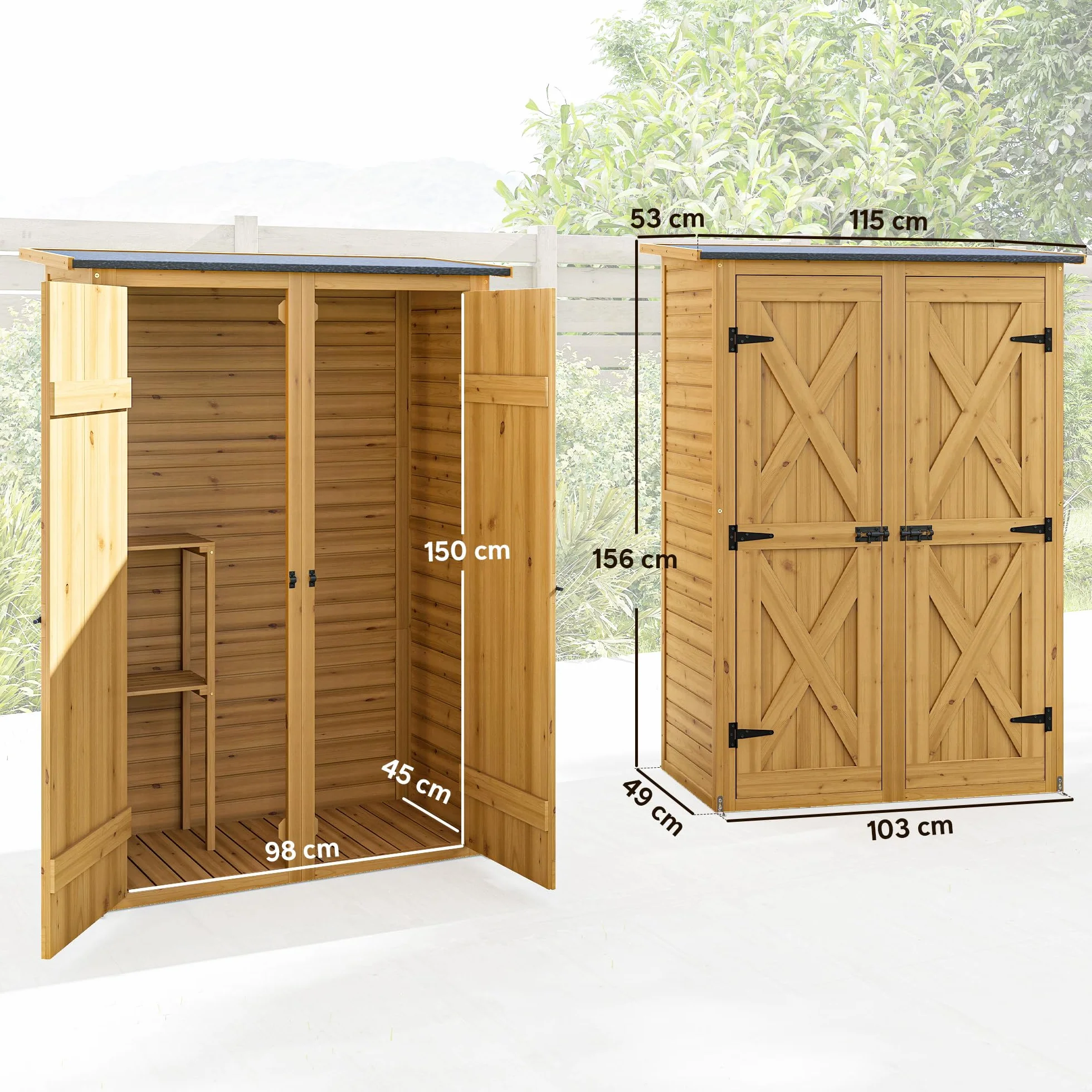 Outsunny Armadio da Giardino Legno Abete Casetta Attrezzi 2 Ripiani Doppia Porta Chiavistelli Tetto Inclinato 115x53x156 cm Marrone