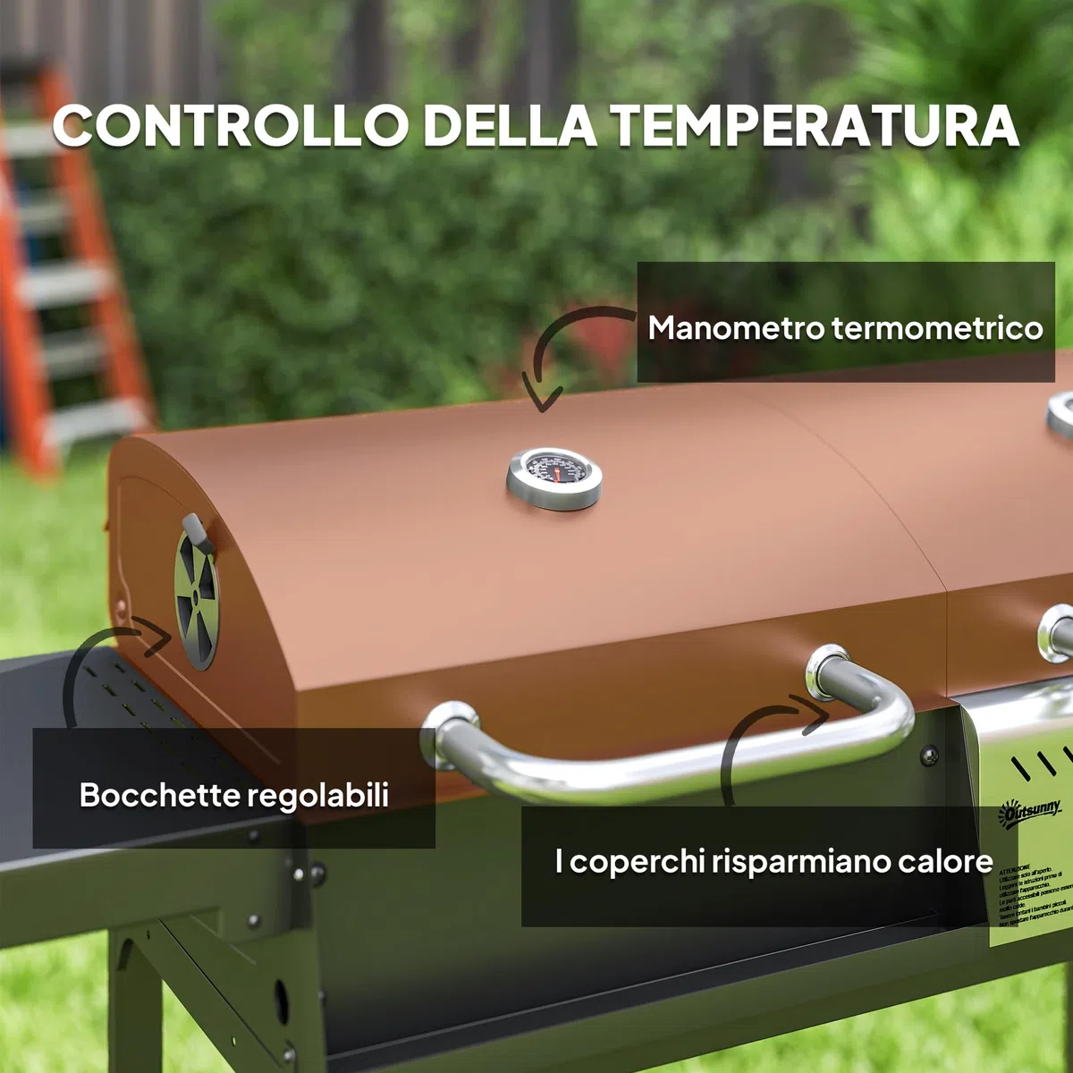 Outsunny Barbecue a Carbone e Gas in Acciaio, BBQ 2+1 Bruciatori 7kW con Coperchio, Termometro, Ruote, Nero
