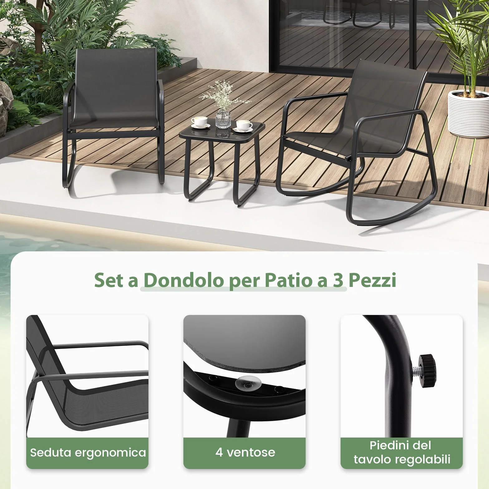 COSTWAY Set Bistrò 3 Pezzi, Sedie a Dondolo Ergonomiche Textilene, Tavolino Vetro Temperato, Struttura Metallo, Nero