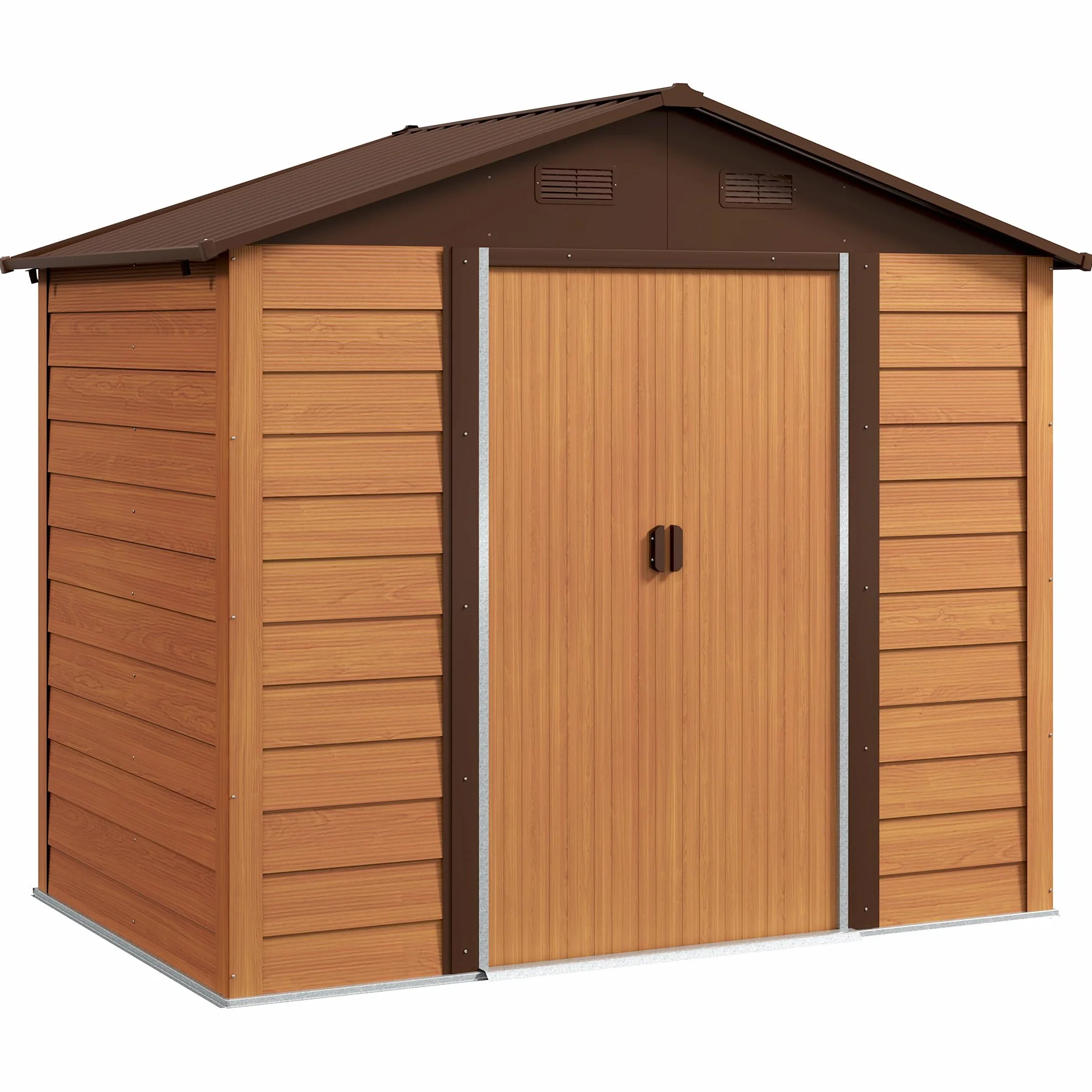 Outsunny Casetta da Giardino 4.07m² Acciaio Zincato con Porta Attrezzi Tetto Inclinato Doppie Porte Scorrevoli Bloccabili Marrone