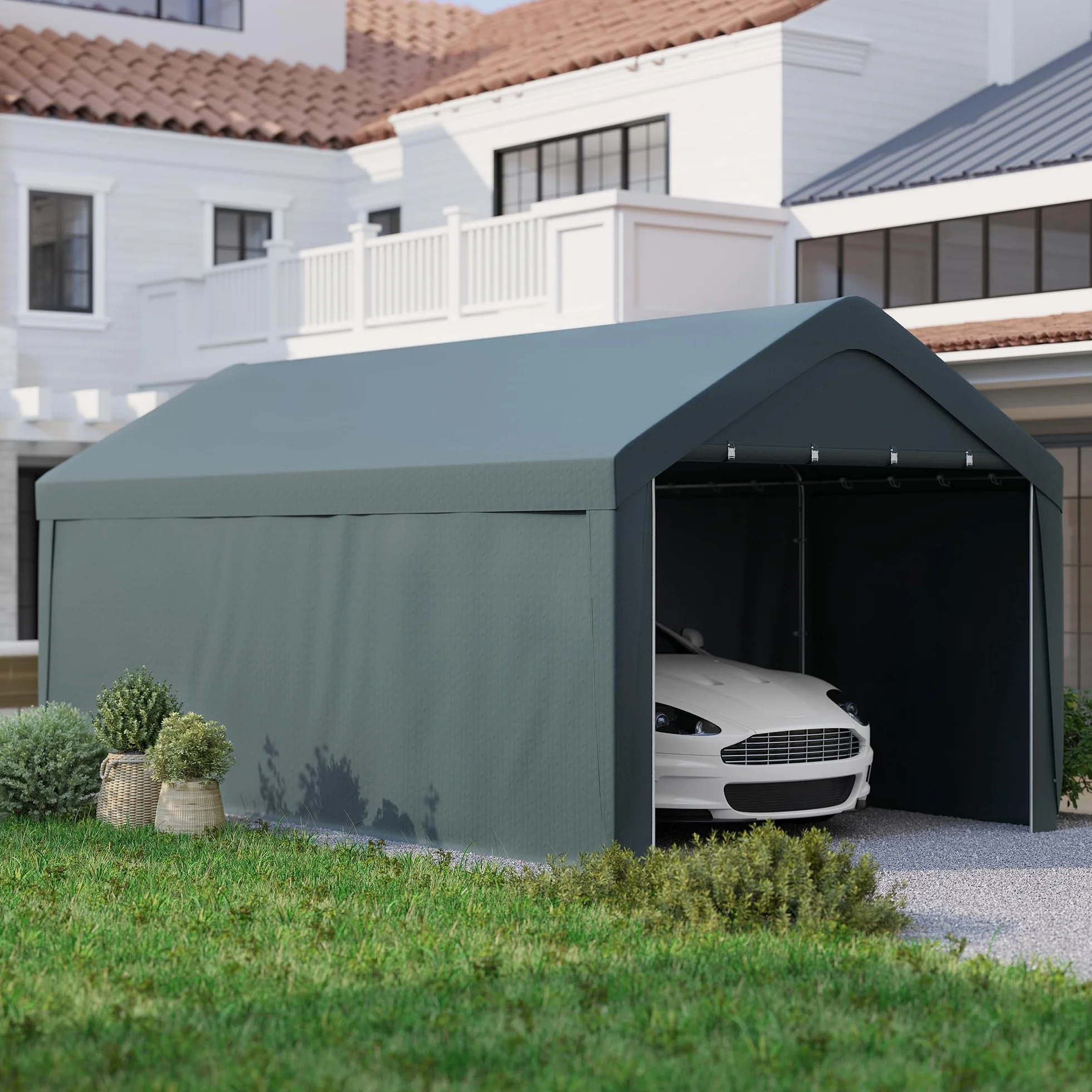 Outsunny Carport tenda da garage 3 x 6 m, tettoia per auto all'aperto, tenda di stoccaggio con pareti laterali rimovibili e 2 porte con cerniera avvolgibili, tettoia per auto, camion, barca, grigio