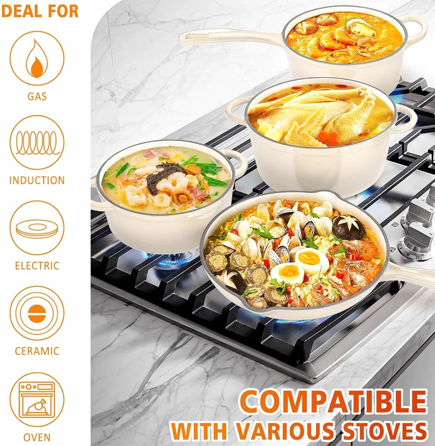 Denmay Set di pentole in ghisa smaltata – Set di 7 pezzi con forno olandese, padella, stufato, pentola per salsa con 3 coperchi, set da forno olandese, adatto per tutti i piani cottura, bianco crema