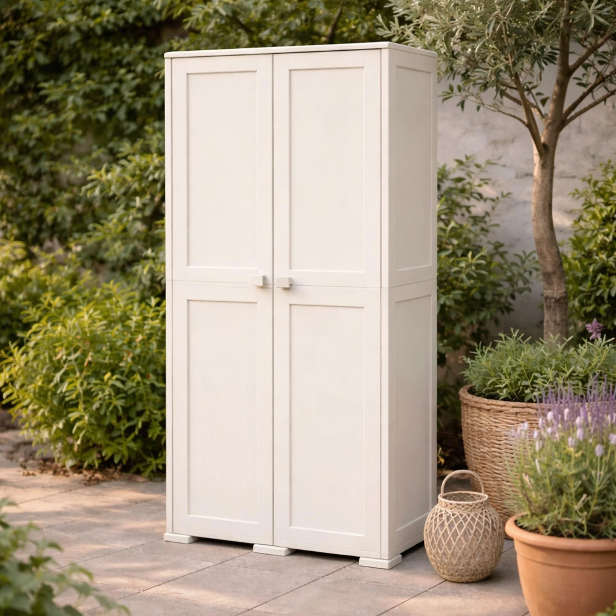 Armadio Alto in Plastica 79x43x164 cm. con 2 Ante e Vano Portascopa – Mobile Contenitore Multiuso Salvaspazio per Organizzazione Casa, Lavanderia e Ripostiglio (Panna)