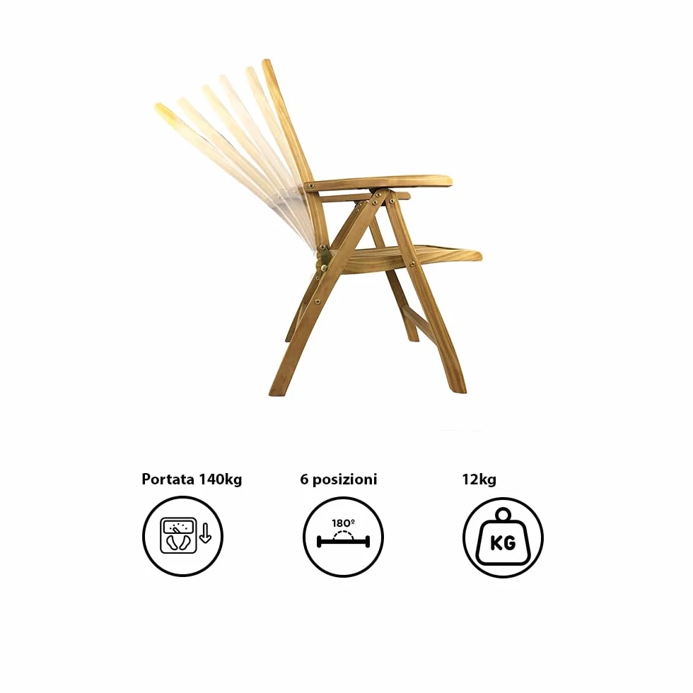 Sedia Pieghevole da Giardino in Legno di Teak Bali Poltrona Schienale Regolabile Braccioli Resistente Esterni