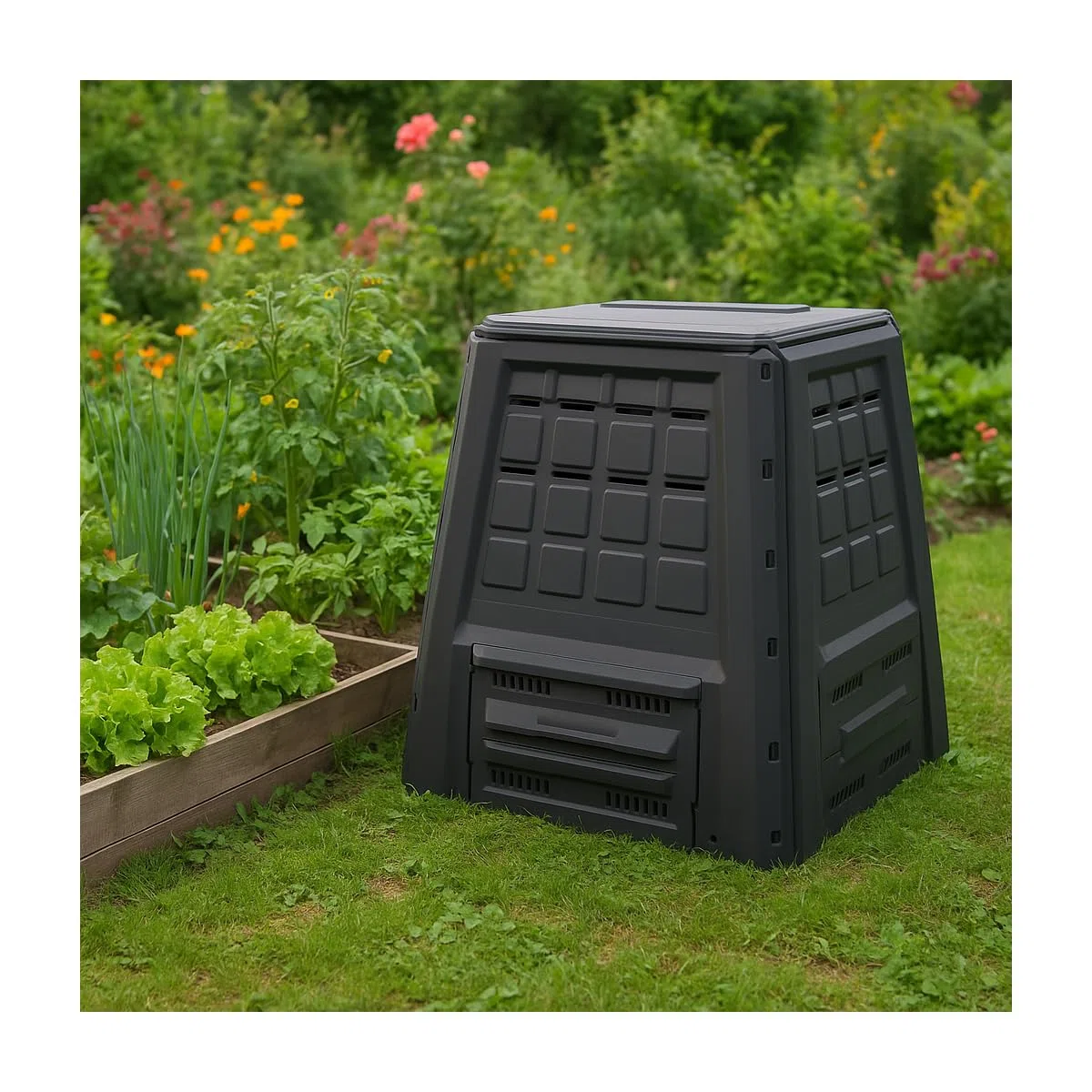 INTEC : Composter da giardino 380 L XXL Antracite. Vassoio per compost in plastica riciclata durevole con ventilazione ottimale per rifiuti. Comodo doppio accesso (coperchio superiore e trappa)