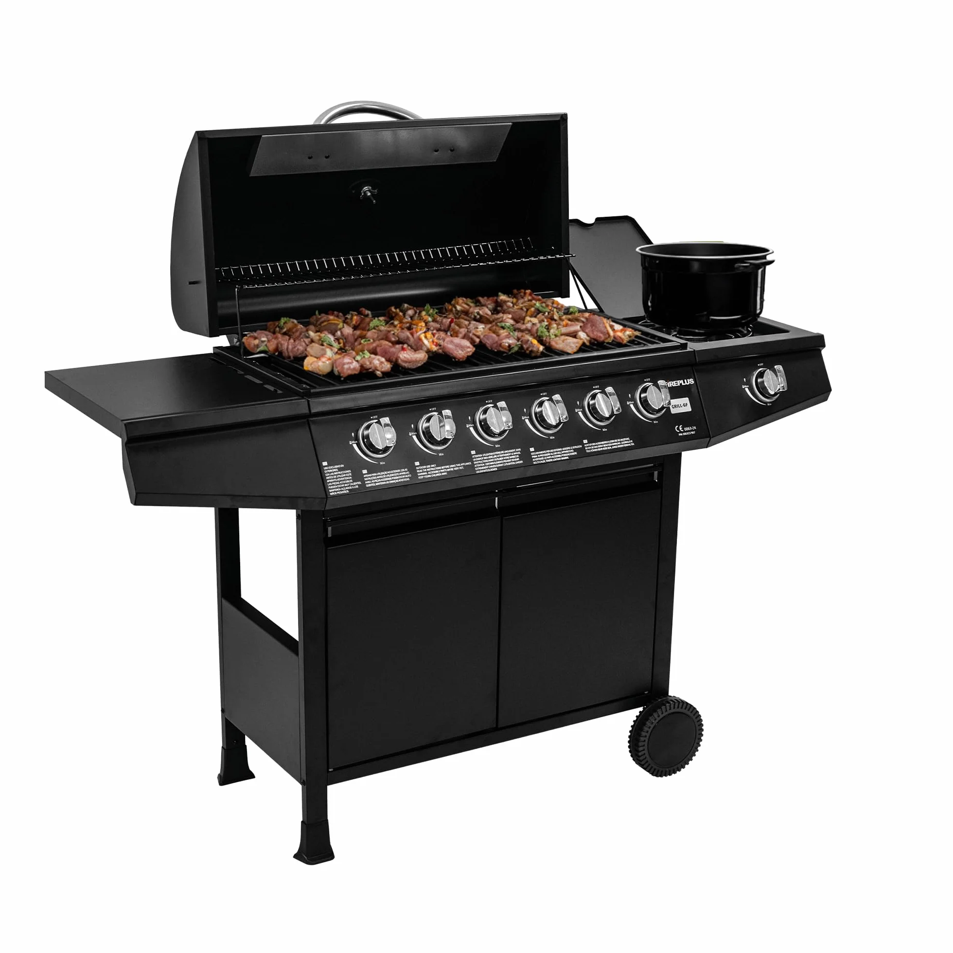 Barbecue a gas Fireplus 6+1 12,9 kW Acciaio inox nero GRILL-6F 7 bruciatori 138x52x103 cm