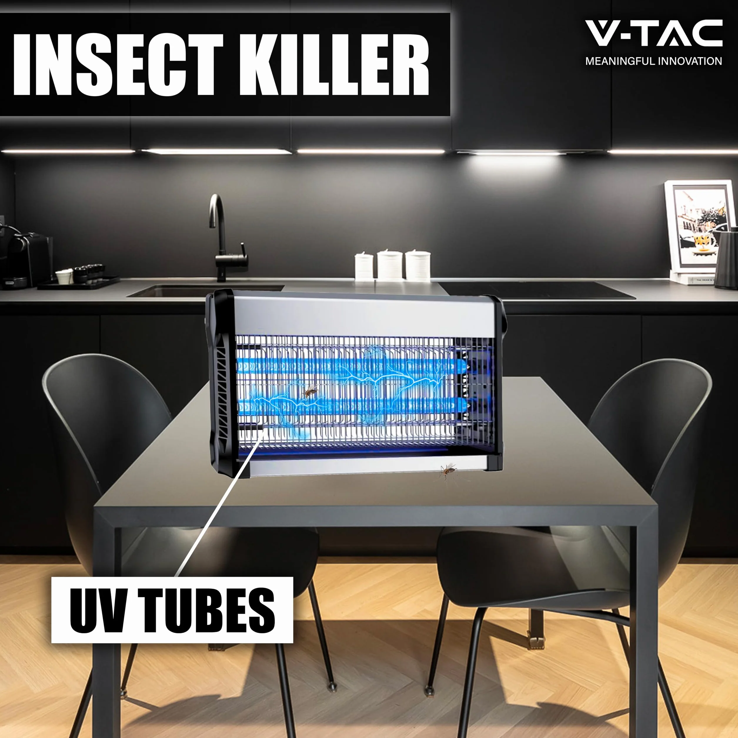 V-TAC Zanzariera Elettrica Potente - 30W con Area di Azione 100 m² - Design Sottile - Zanzariera con Luce Blu UV per Uso Interno ed Esterno - Trappola Elettrica contro Zanzare e Insetti - Potenza 30W