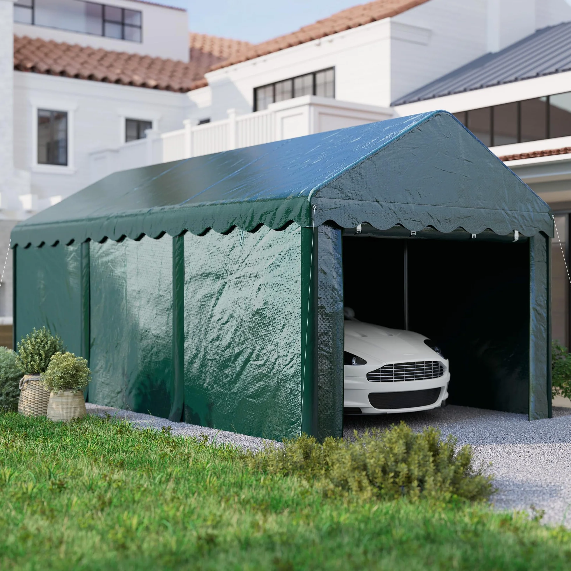 Outsunny Tenda da garage Carport 3 x 6 m con 2 porte avvolgibili, tessuto PE 200 g, resistente ai raggi UV e impermeabile, per auto, camion, barca, verde