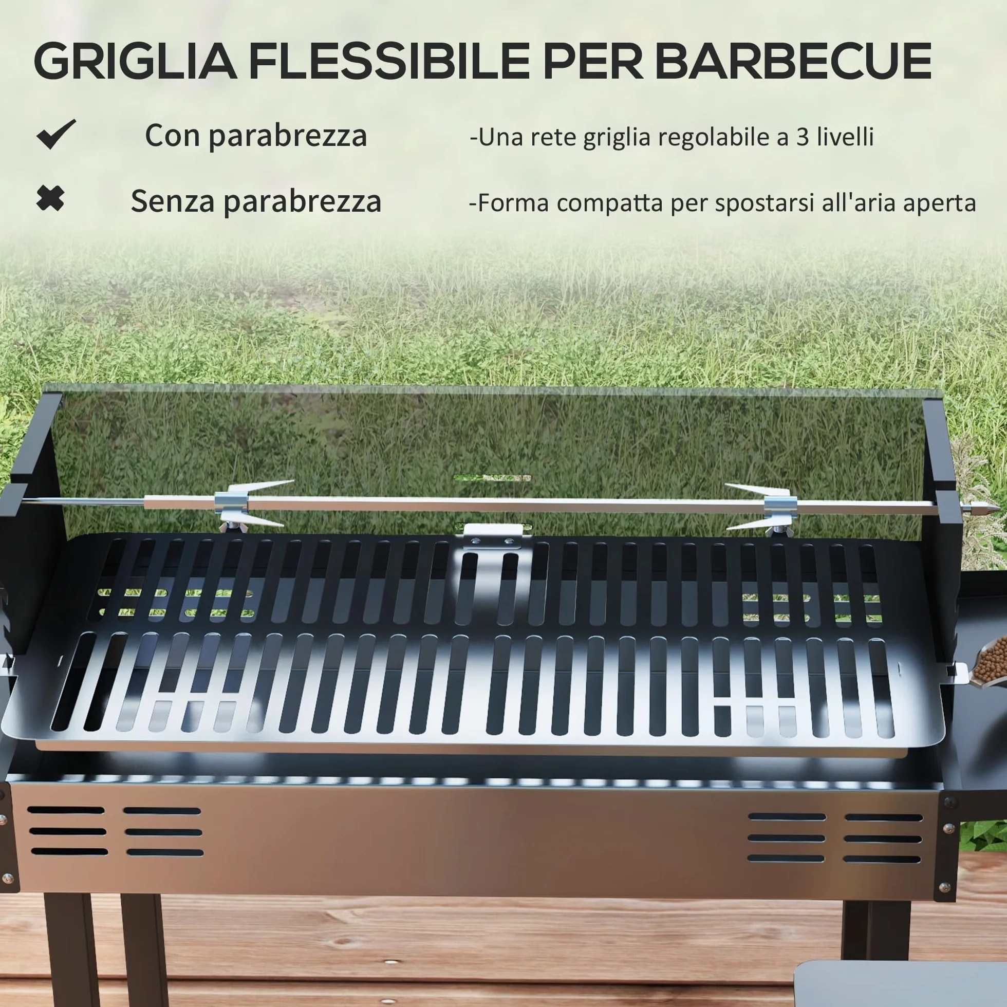 Outsunny Barbecue a Carbone 3 Livelli in Acciaio Inox con Mensole Pieghevoli e Girarrosto, 118x32x90 cm, Nero