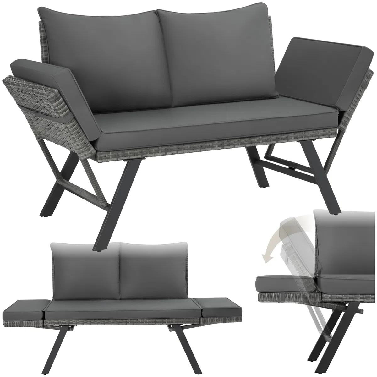 tectake® Divano Lounge in Rattan, 2 in 1, Braccioli Pieghevoli, Cuscini Morbidi, Imbottitura Spessa, Sofà in Polyrattan Resistente, Fodere Idrorepellenti, Arredamento Esterno e Interno - Grigio