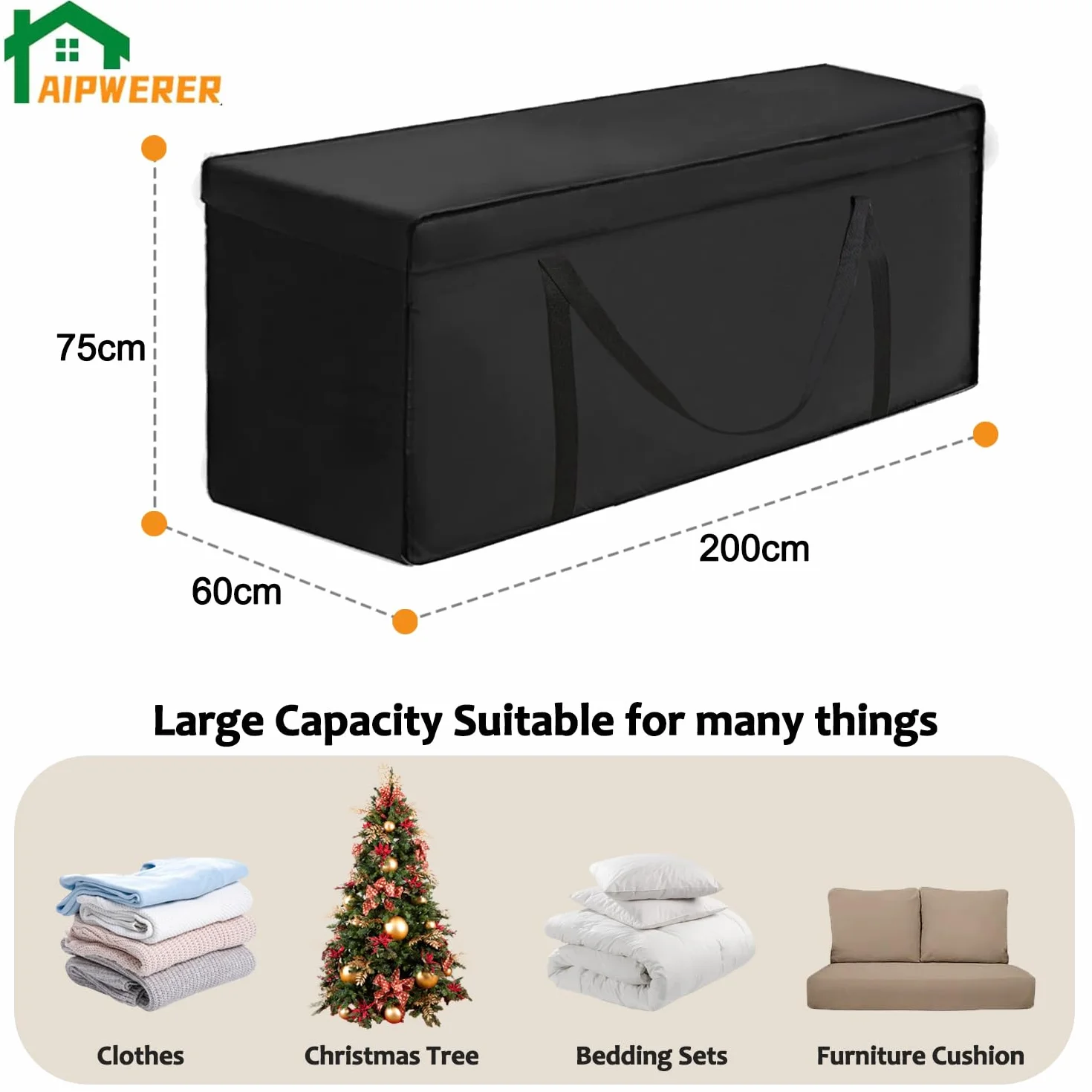 Borsa per Cuscini da Giardino Impermeabile 600D Oxford 200x60x75cm Nero