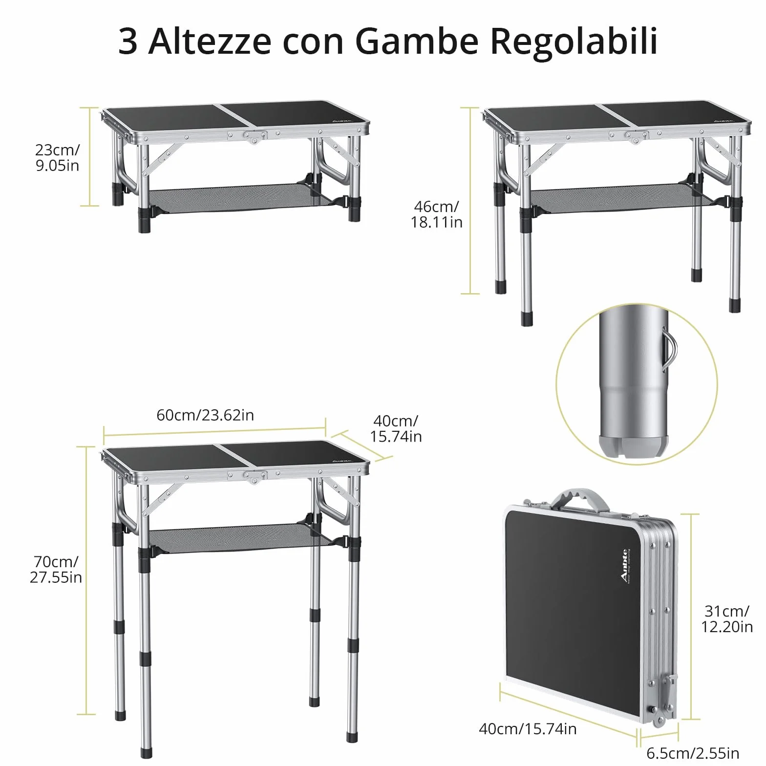 Anbte Tavolo da Campeggio Pieghevole Regolabile in Alluminio Portatile 3 Altezze con Rete di Stoccaggio Nero