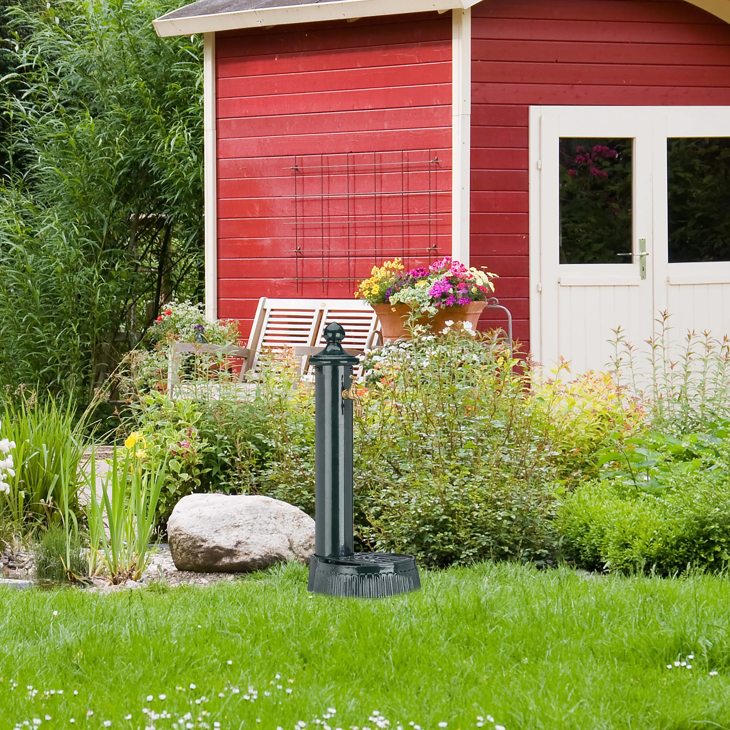 Relaxdays Fontana a Colonna, Giardino, Terrazza, Stile Antico, Rubinetto, Vaschetta, HLP: 61 x 25 x 31 cm, Verde Scuro