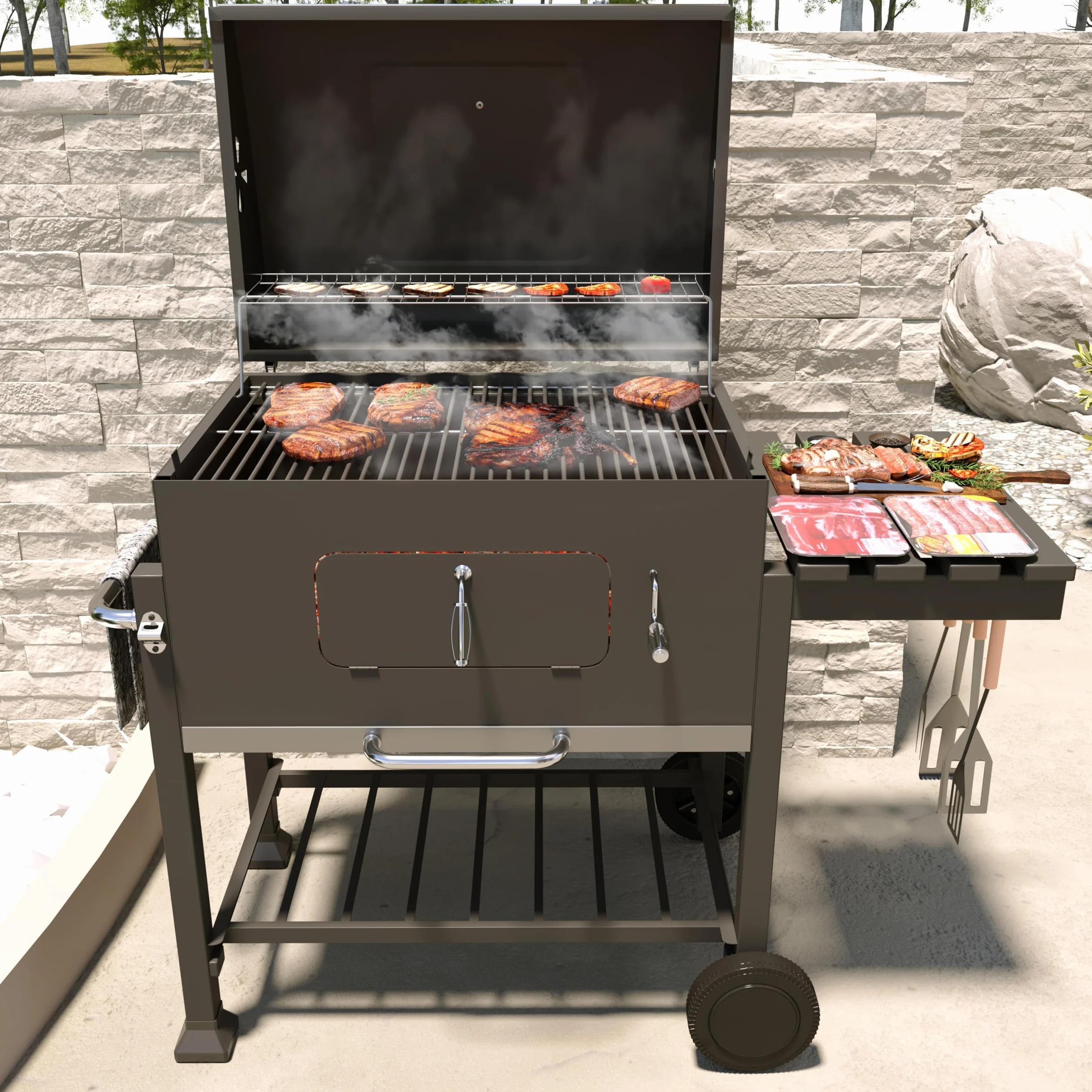 BRICOZONE Barbecue A Carbone In Acciaio Con Termometro Integrato Griglia Regolabile In Altezza