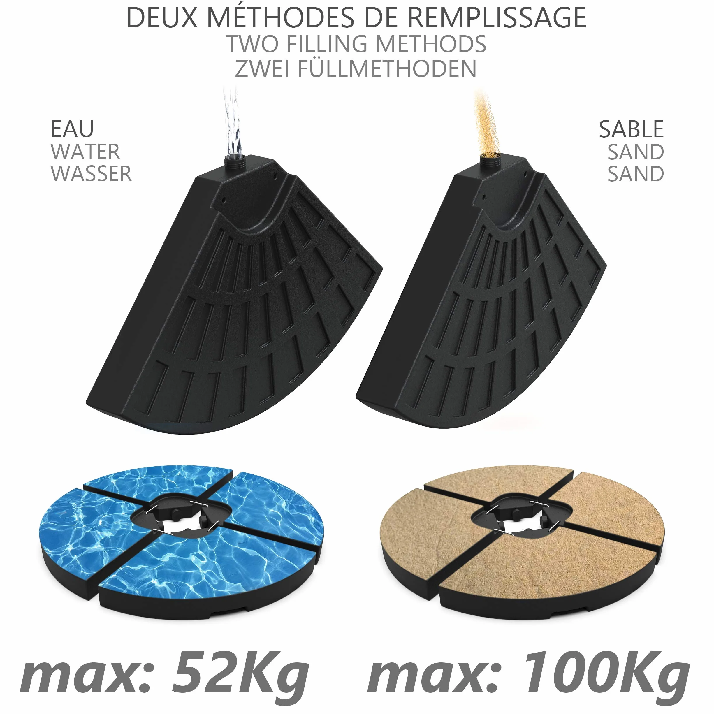 VOUNOT® Base per Ombrellone da Giardino in Plastica, Riempibile con 52 Litri di Acqua o 100 kg di Sabbia, Nero