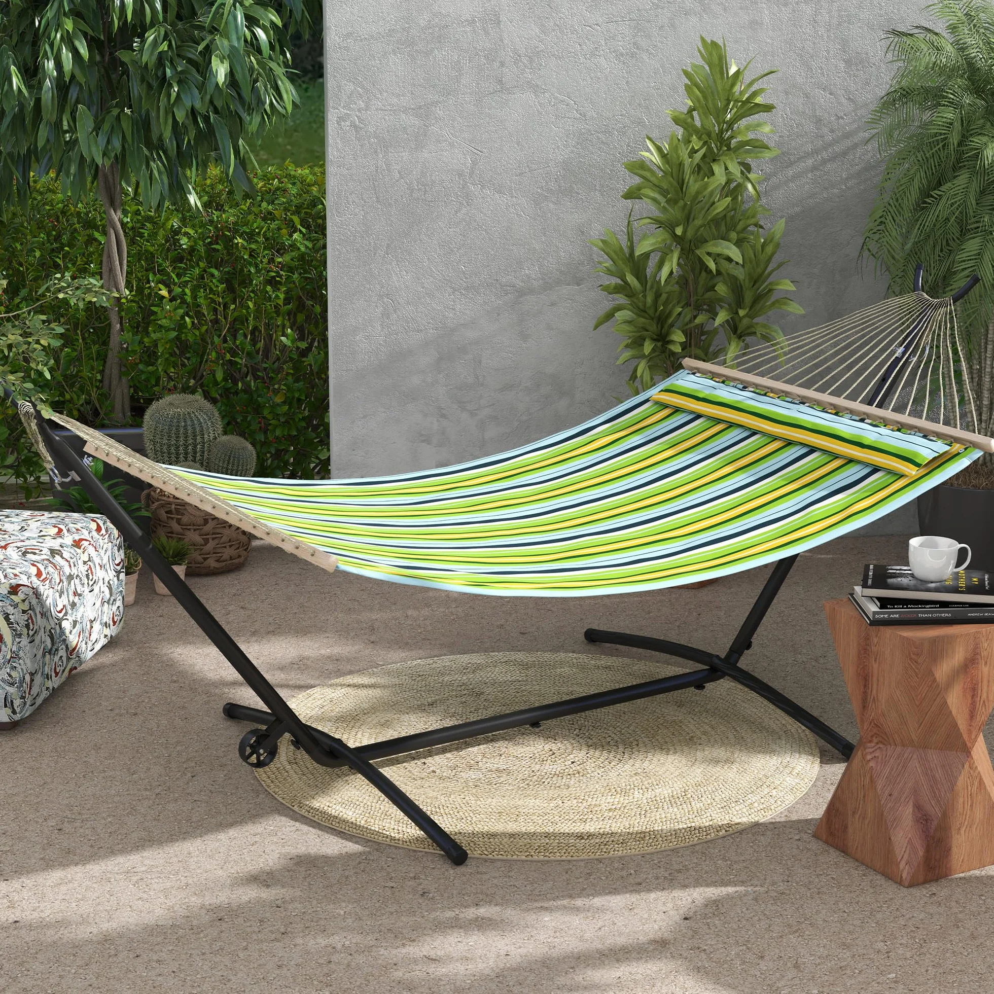 Outsunny Supporto per Amaca da 330 cm Max con 6 Fori e Rotelle, Sostegno per Amaca in Metallo con Borsa da Trasporto, 290x120x115 cm, Nero