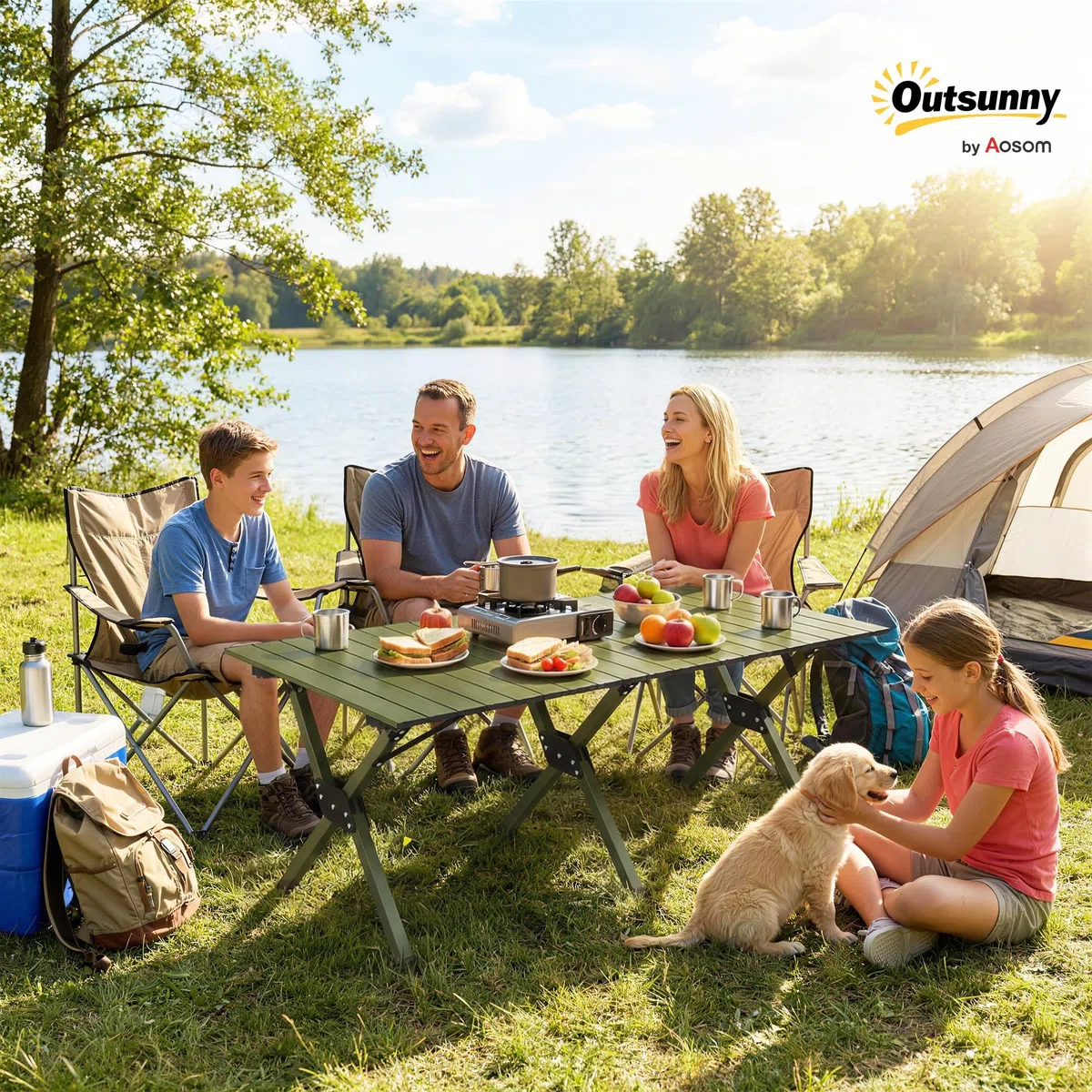 Outsunny Tavolo da Campeggio Pieghevole 116 cm, Tavolo da Picnic Impermeabile con Piano Arrotolabile e Struttura in Metallo, Portatile per Giardino, Parco, BBQ, Verde