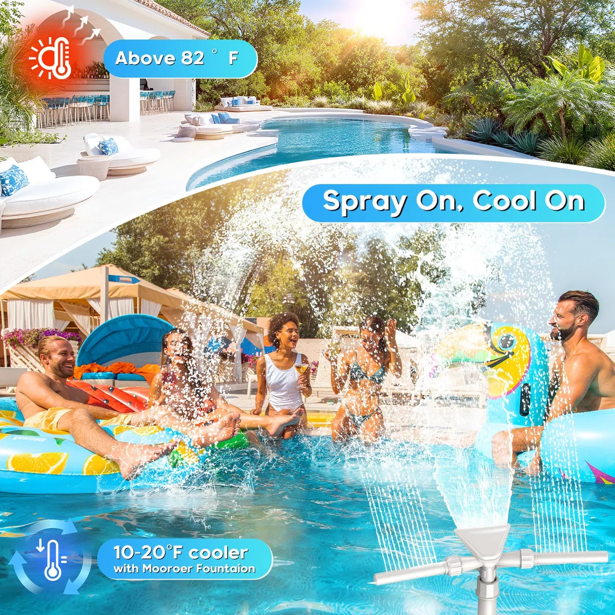 Mooroer Piscina Fontana 3 in 1, Cascata Fontana Sprinkler Piscina Regolabile a 360° per Piscine Fuori Terra e Interrate, Accessorio Piscina Compatibile con Raccordi di Ritorno I*tex/Col*m*n, Relax