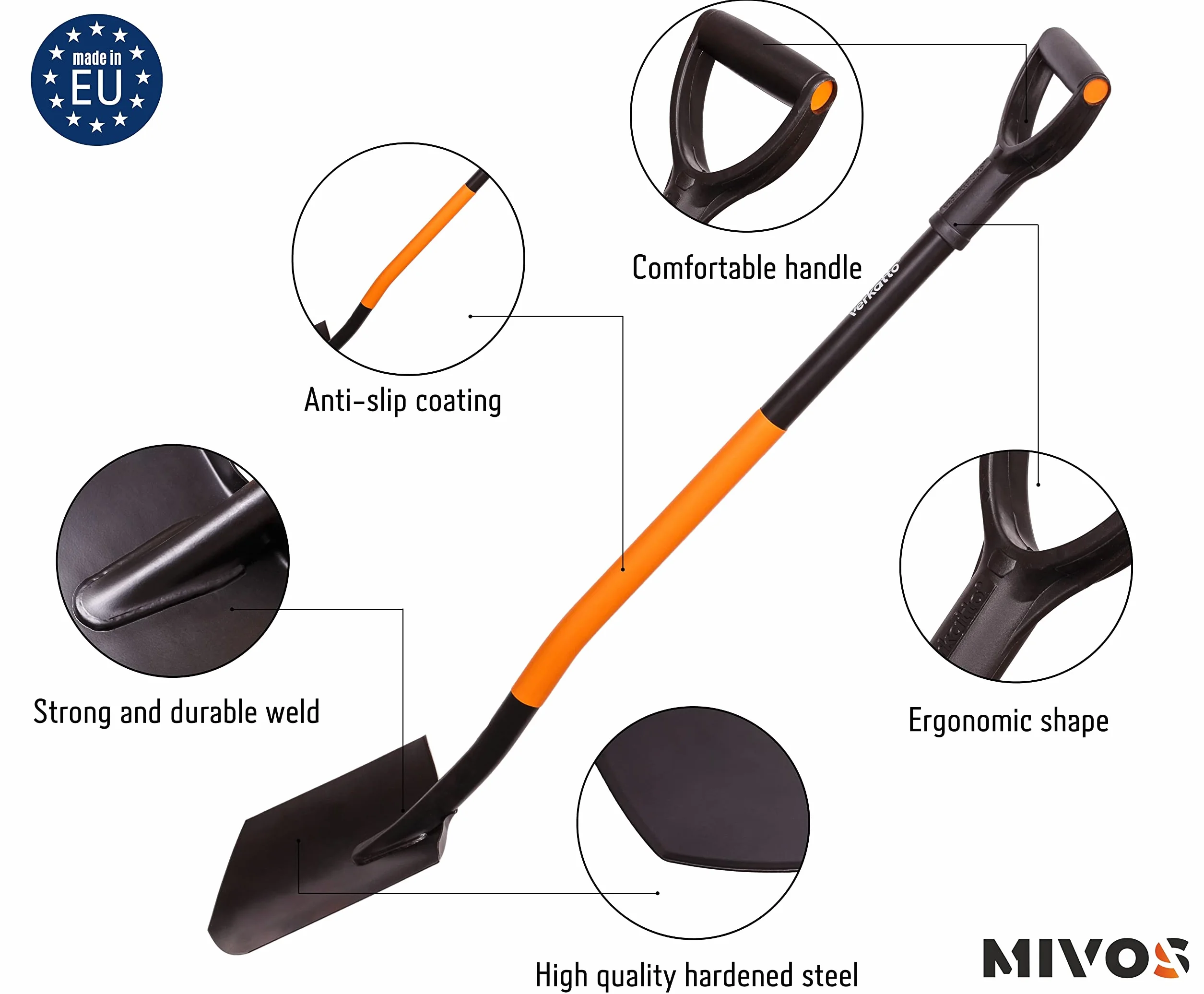 Mivos Vanga a Punta Ergonomica in Acciaio al Carbonio - Lunghezza 124 cm - Vanga da Giardinaggio per Scavare in Terreni Duri – Pala da Lavoro con Impugnatura a D – Made in EU