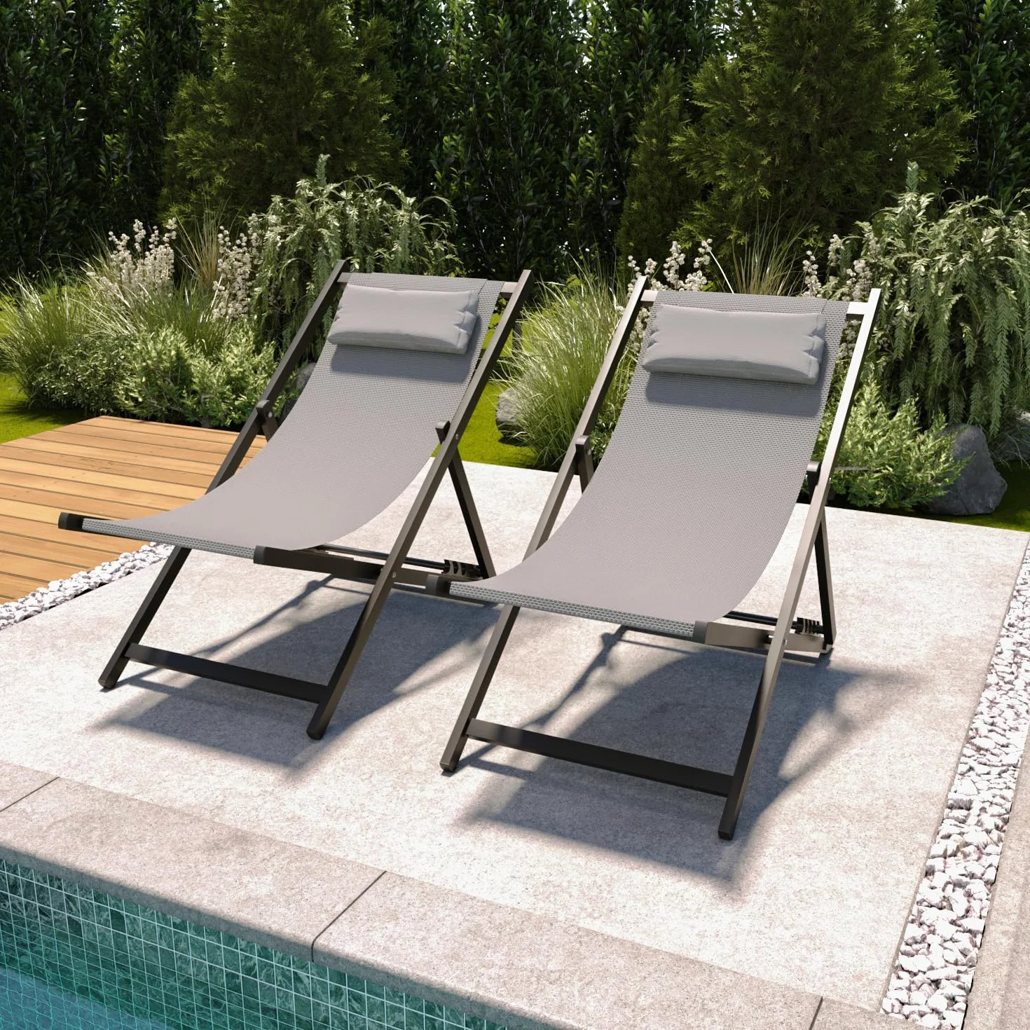 BRICOZONE Set di 2 Sedie Sdraio Leggera Da Giardino Schienale Regolabile Pieghevole Ergonomica Con Cuscino Traspirante Struttura Nera In Alluminio Da Esterno Piscina Mare Portata 160 Kg Grigio