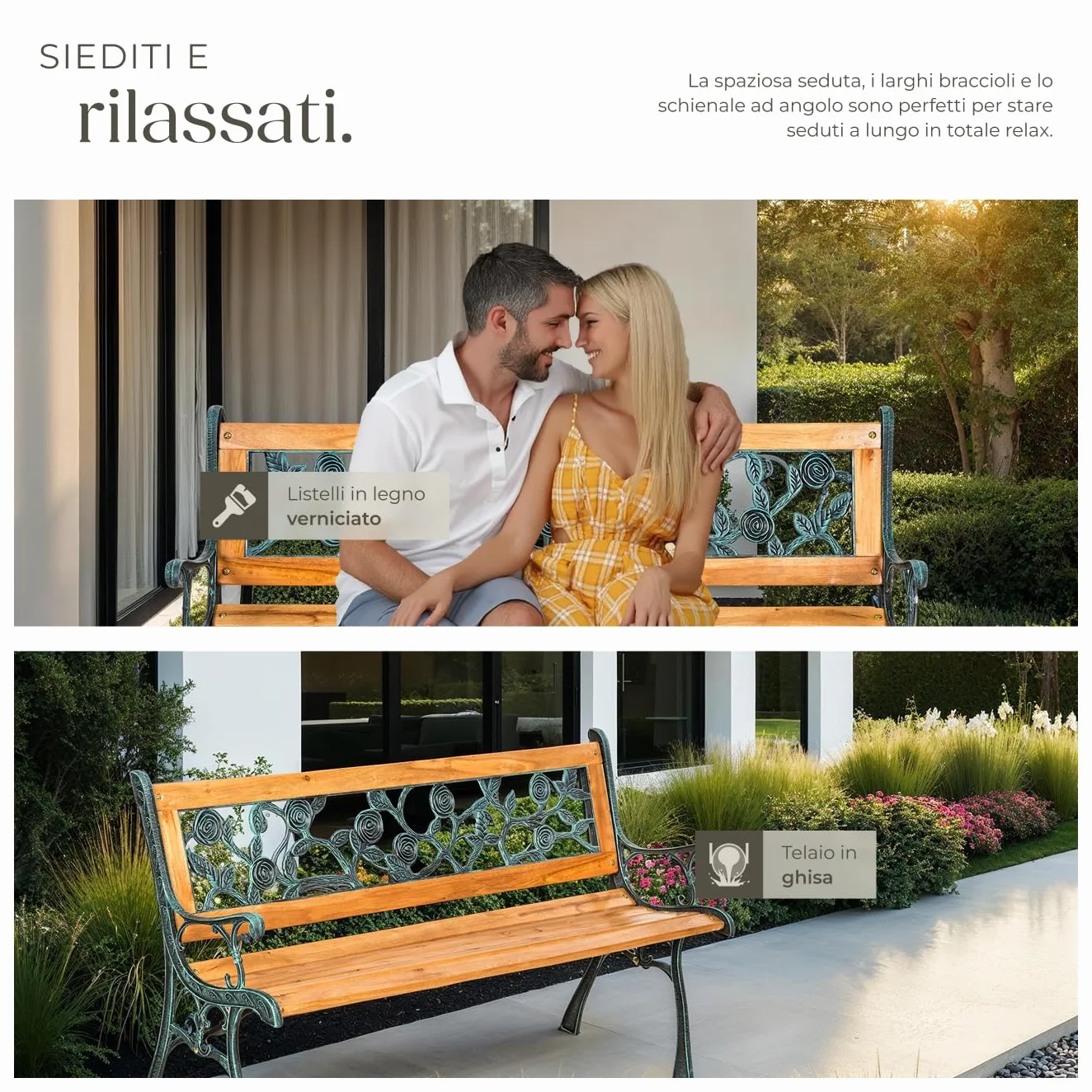 tectake Panca da Giardino in Legno e Ghisa 2 Posti con Schienale Resistente alle Intemperie 124 x 52 x 74 cm Marrone