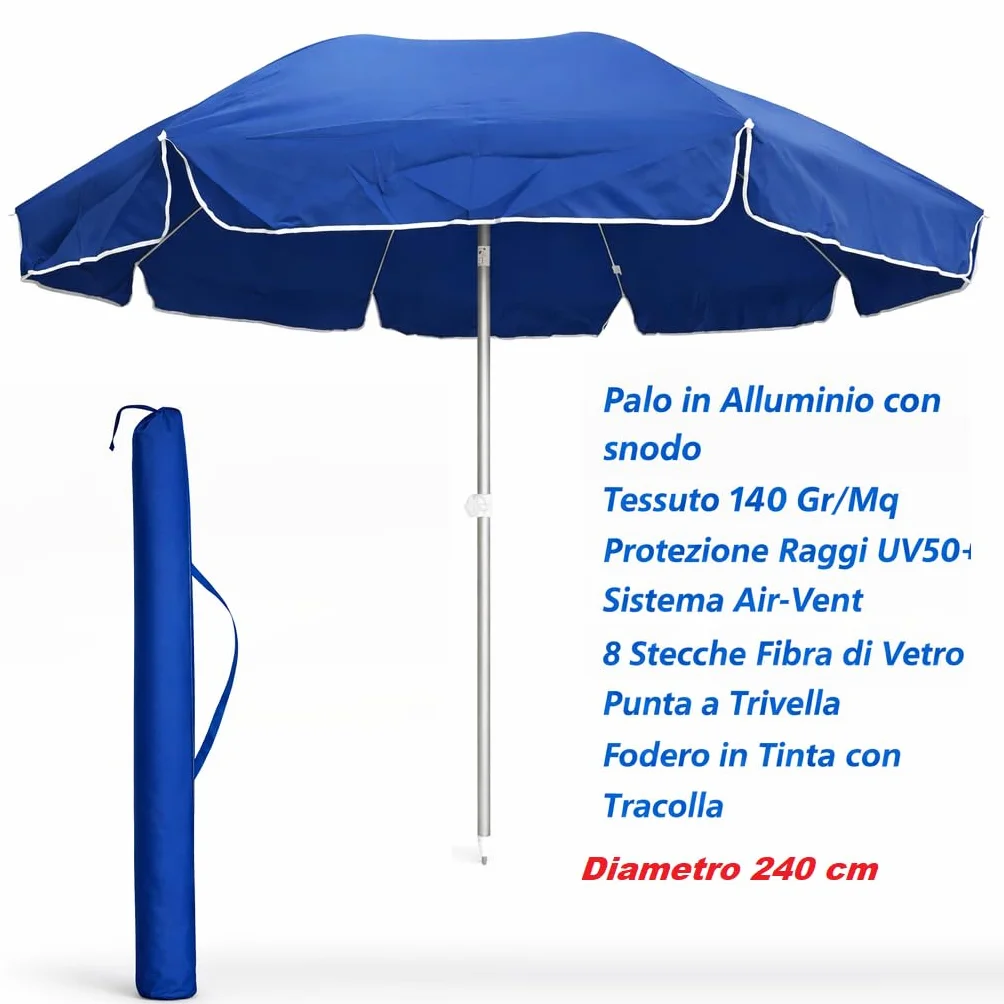 DANYX Ombrellone XXL Mare Spiaggia 240cm Palo Alluminio Stecche Fibra di Vetro Antivento Protezione UV50+ Inclinabile con Custodia e Punta a Trivella