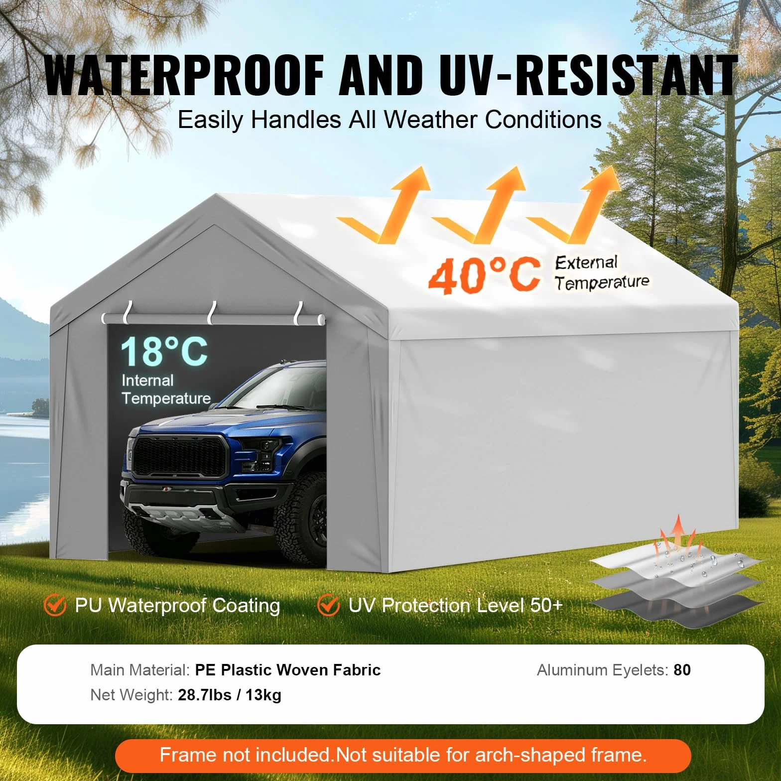 VEVOR Tettoia di ricambio per auto da 3 x 6 m, parte superiore del garage, resistente, impermeabile e resistente ai raggi UV, facile installazione con tenditori a sfera, bianco (solo copertura
