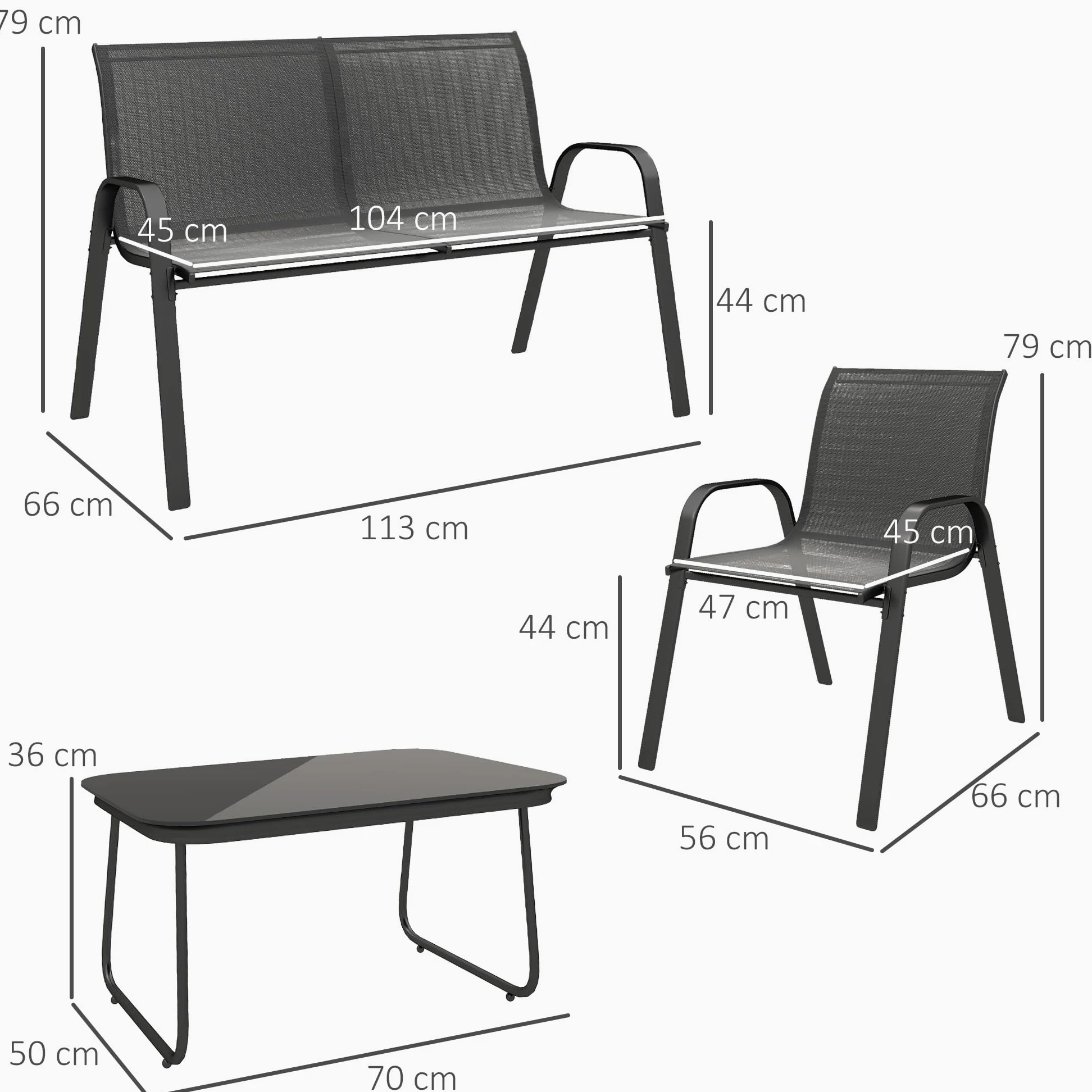 Outsunny Set Salotto da Giardino 4 Pezzi, Divanetto 2 Posti, 2 Sedie Impilabili, Tavolo Caffè Vetro, Acciaio, Texteline Nero