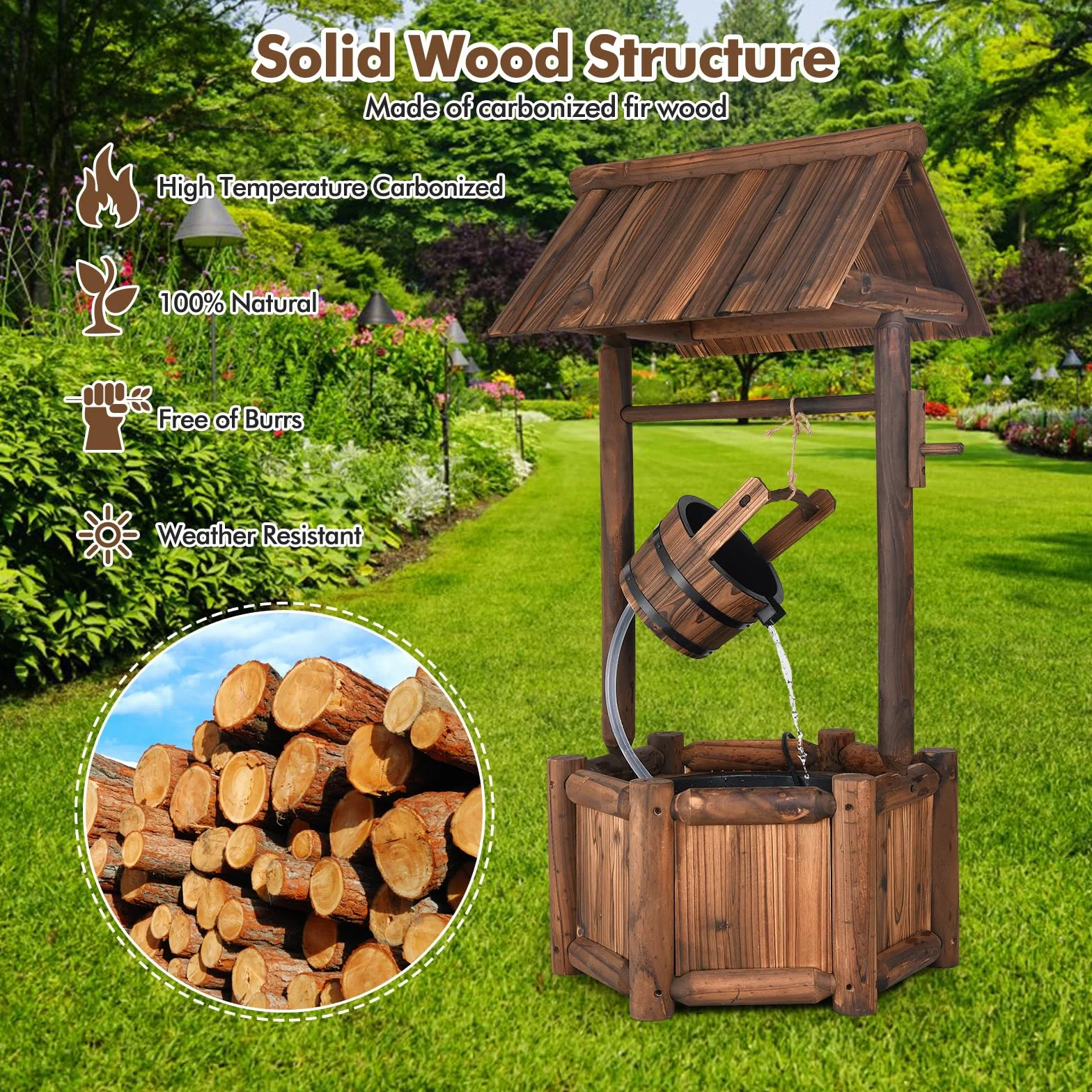 SOARS Fontana da giardino con tetto per esterni, fontana in legno con pompa elettrica e secchio in legno, fontana decorativa per cortile e prato, 59 x 56 x 115 cm