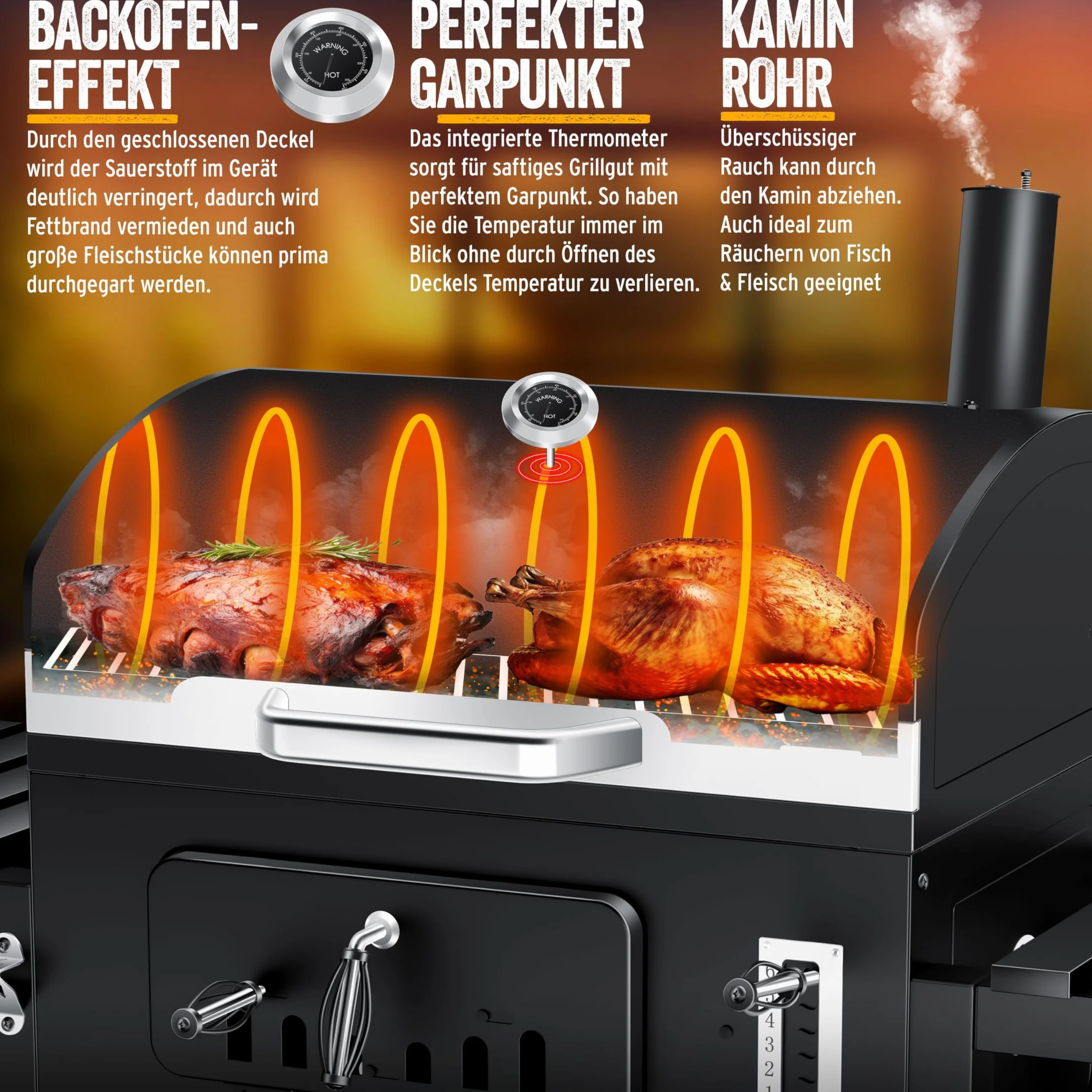 KESSER® Barbecue a carbonella XXL con Carrello, Coperchio, Acciaio Inox, Griglia e Termometro