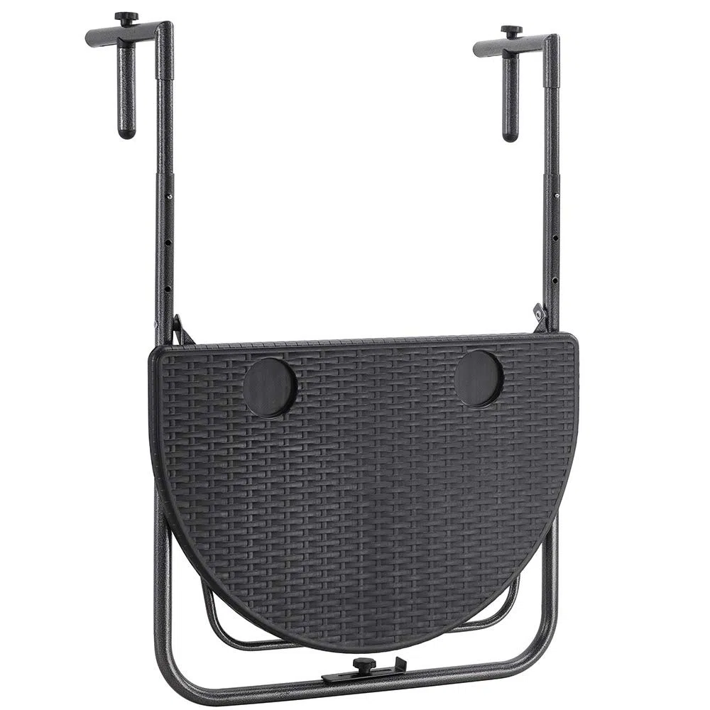 BAKAJI Tavolo Pieghevole da Ringhiera Esterno Balcone Altezza Regolabile Metallo Polyrattan Portabicchieri 60x64cm Nero