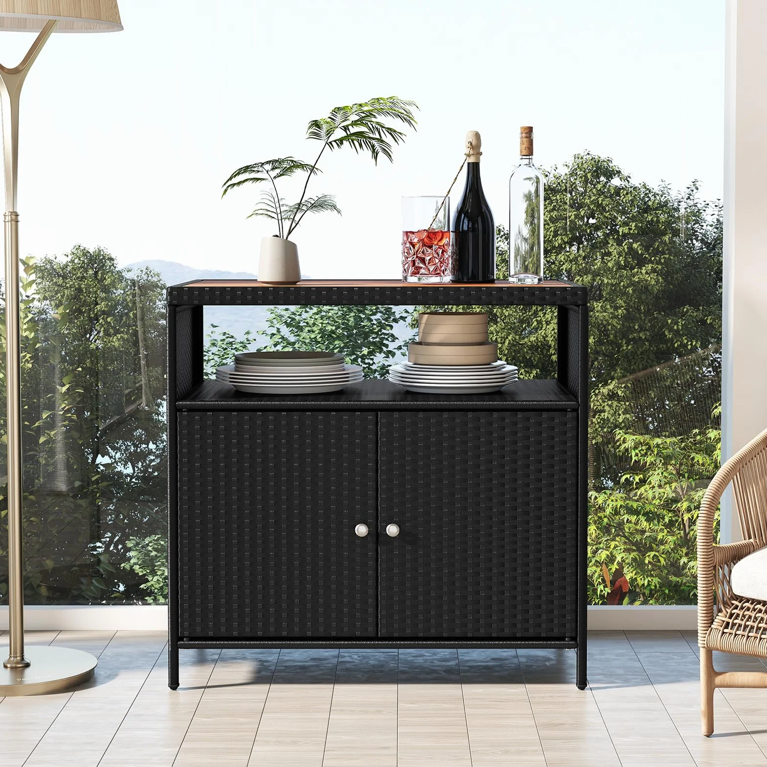 GIANTEX Armadietto da Giardino in Rattan con Piano di Lavoro e Scaffale, Ideale per Esterni, Giardino, Balcone e Piscina, 90 x 53 x 66 cm