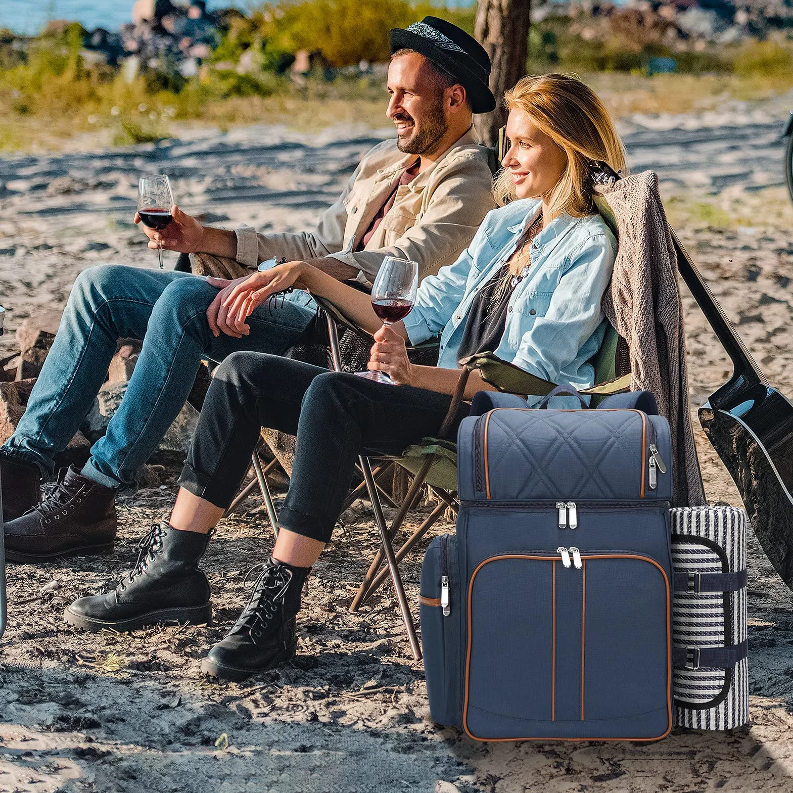 Zaino da picnic per 4, set cestini, borsa termica a prova di perdite, coperta, doppio ponte