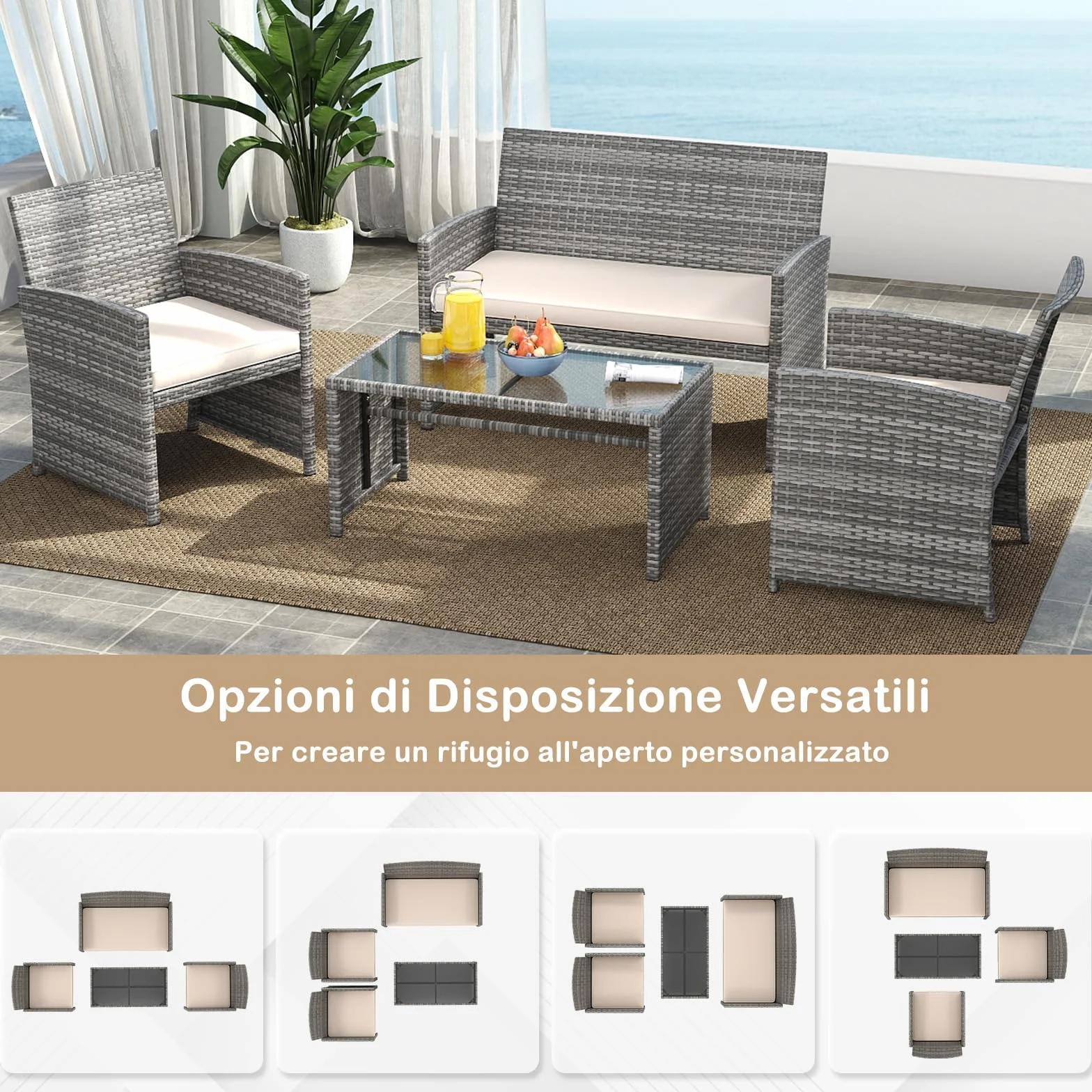SOARS Set Mobili da Giardino in Rattan PE, Divano 2 Posti, 2 Poltrone, Tavolino Vetro, 4 Posti, Grigio+Bianco