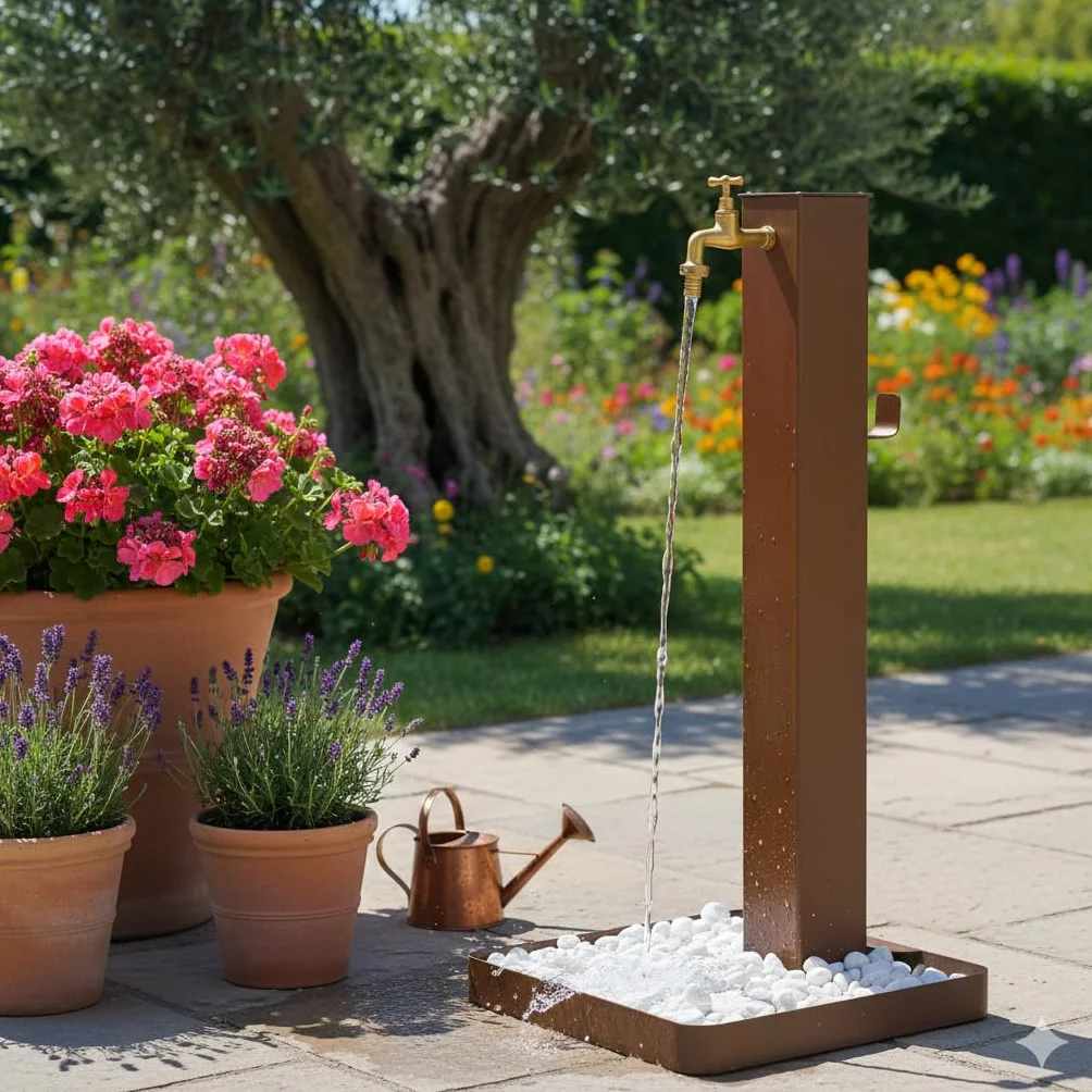 Fontana da Giardino Design a Colonna Quadrata Rubinetto in Ottone e Base con Ciottoli Corten