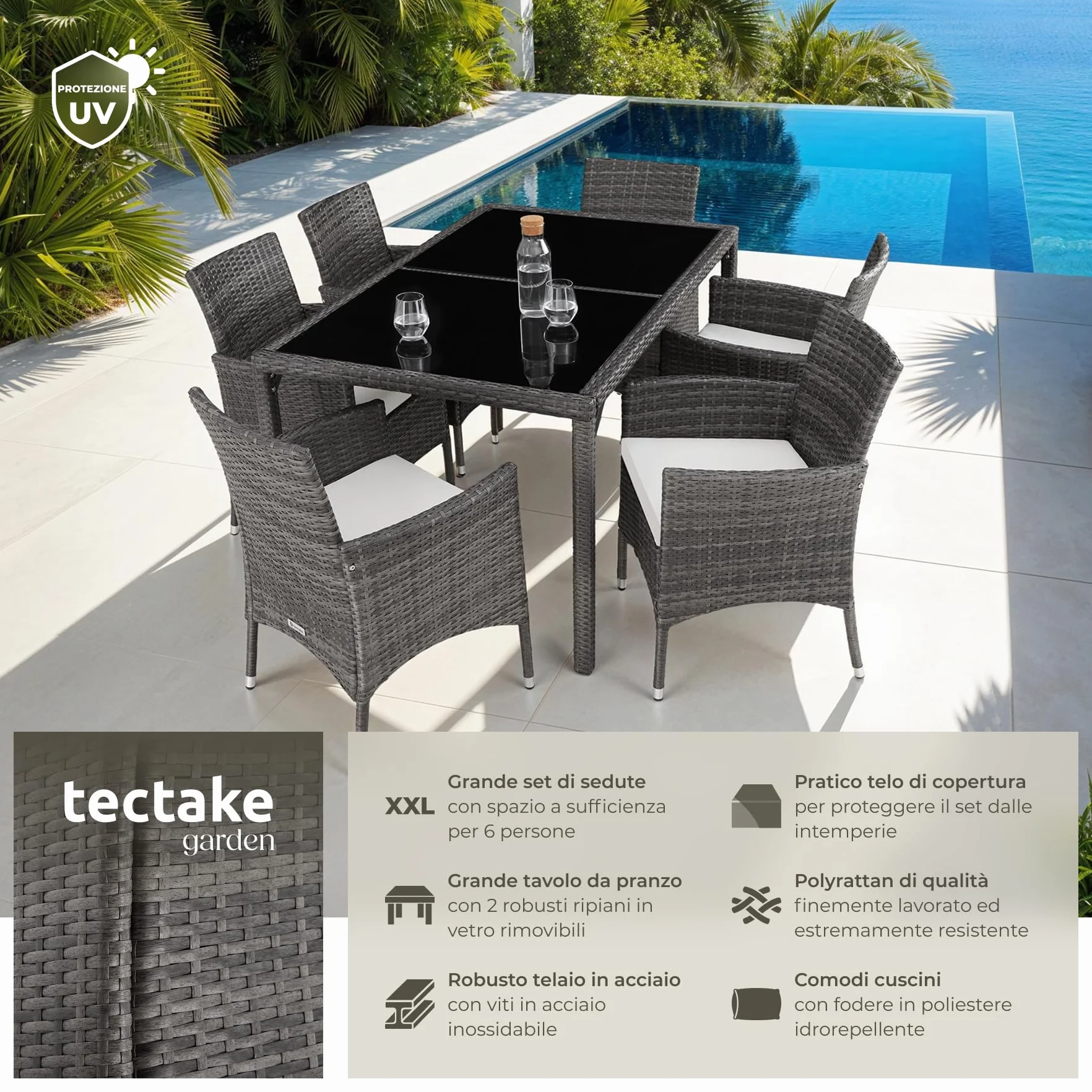 Tectake Set da Giardino Polyrattan 6 Sedie 1 Tavolo Grigio Bianco